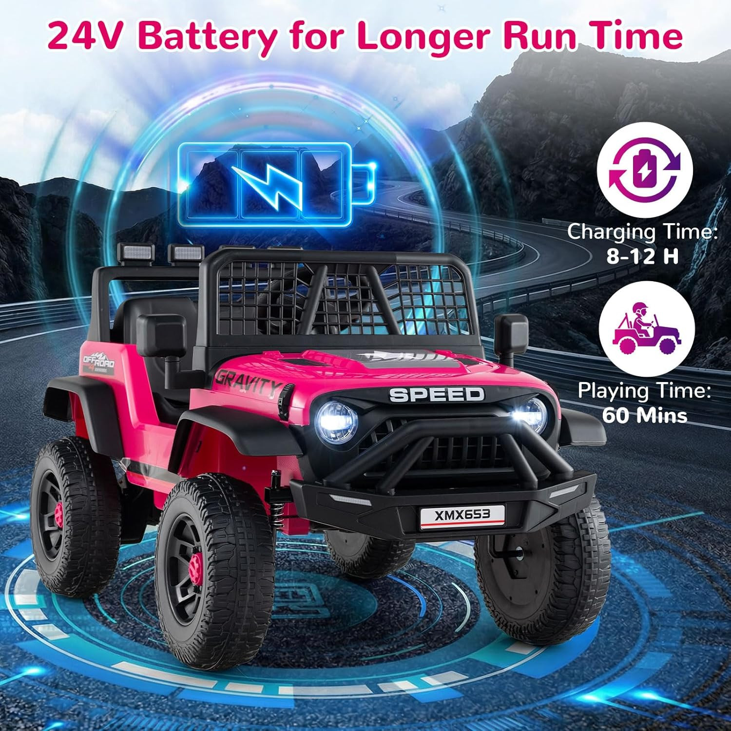 24V Ride on Car with Remote Control, Bluetooth, LED Lights, Horn, Spring Suspens