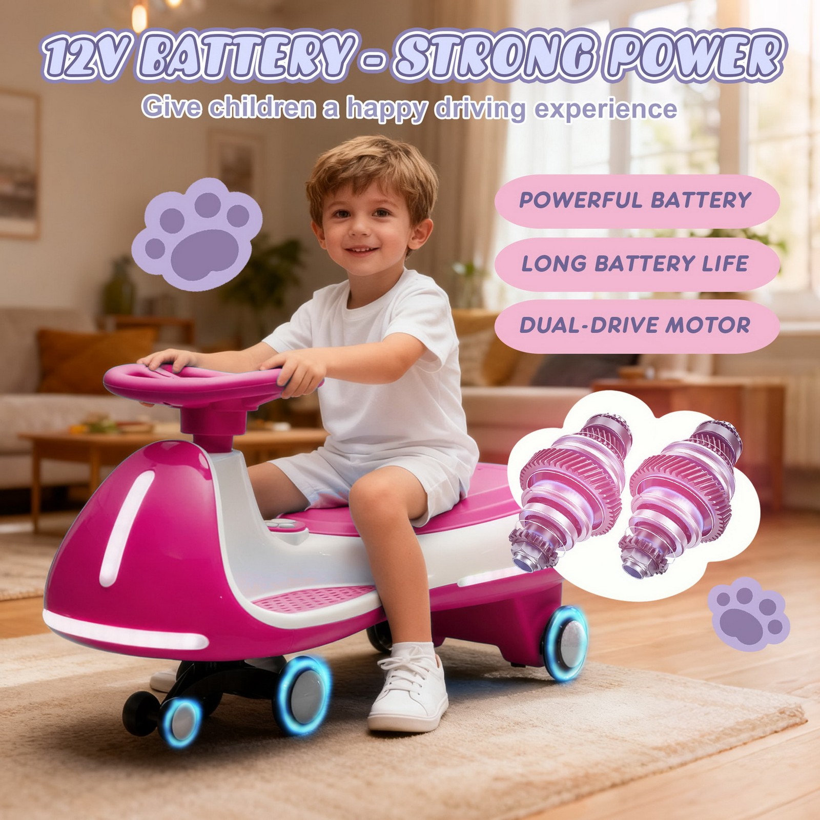 12V Kids Ride On Wiggle Car Toddler Triangular Stability Swing Car LED Lights