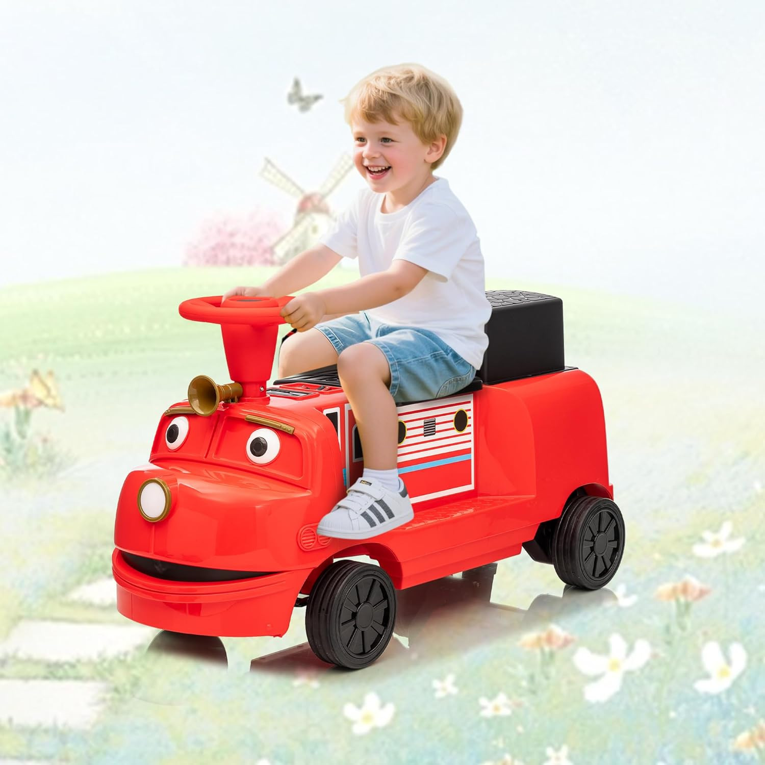 Electric 12V 2-Seater Kids Blue/Red Ride On Train w/2-Speed,Music,Lights,Storage
