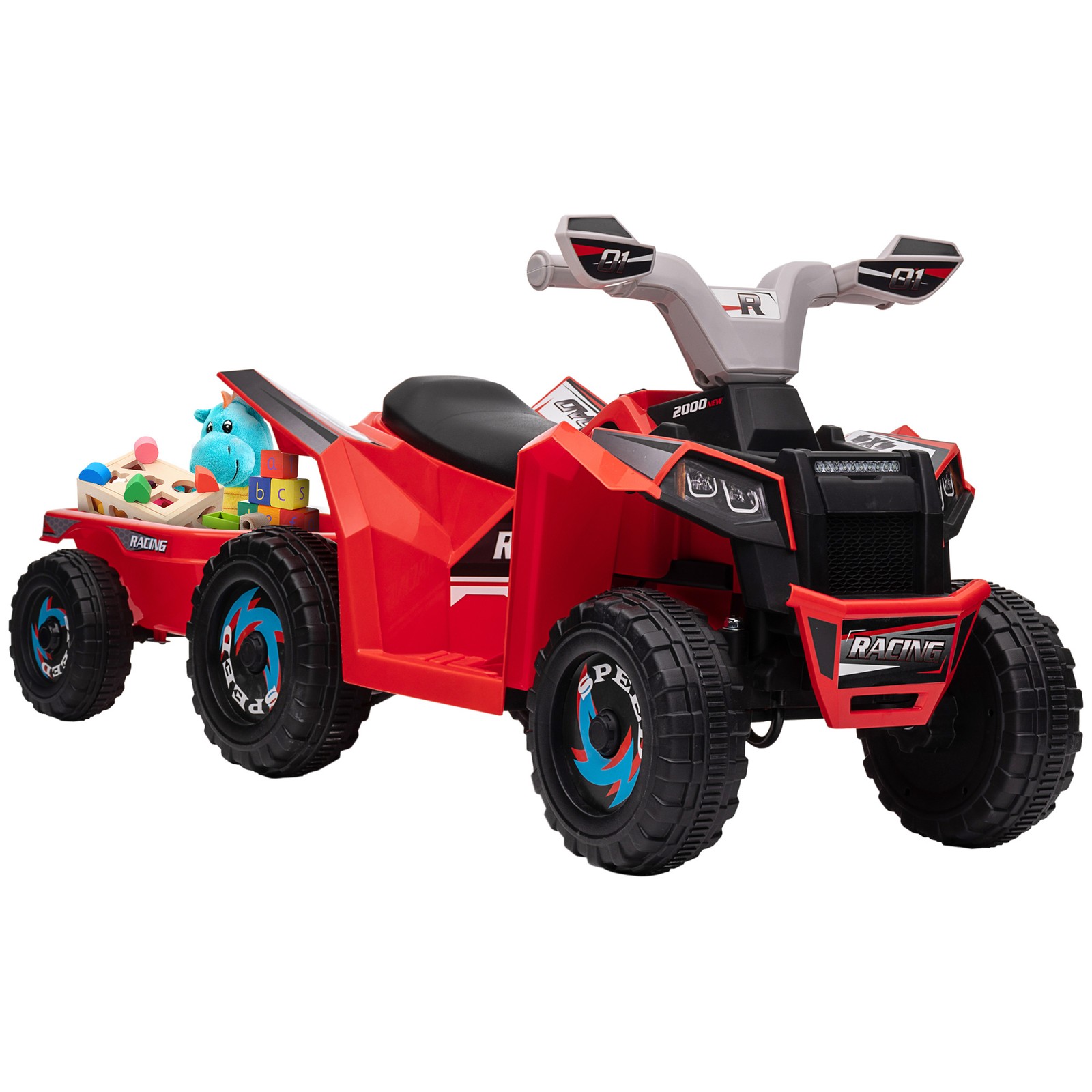 6V Kids ATV Quad Car with Back Trailer, Forward Backward Red