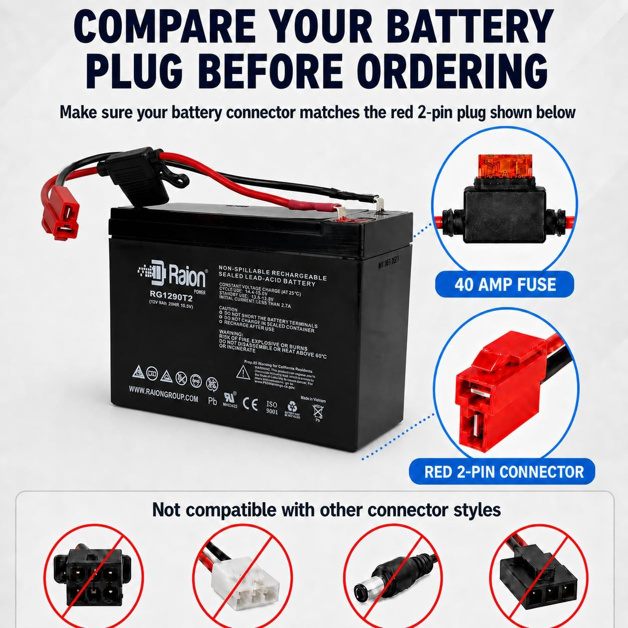 12V 9Ah Ride-On Toy Battery, Red 2-Pin Connector – Extended Range SLA AGM Replac