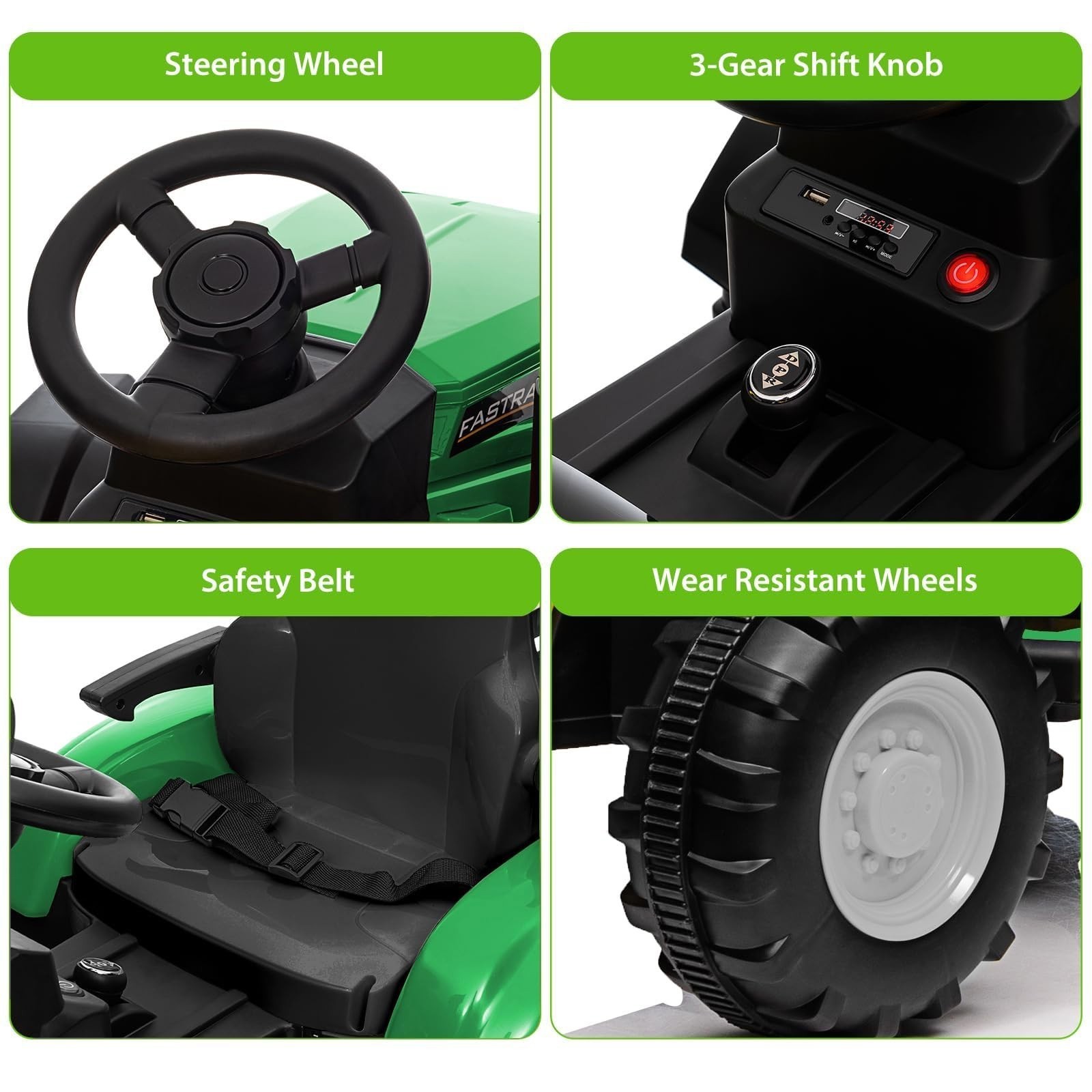 12V Kid Electric Tractor w/Trailer &Remote Control Music Gift 3-8Y Green Toy Car
