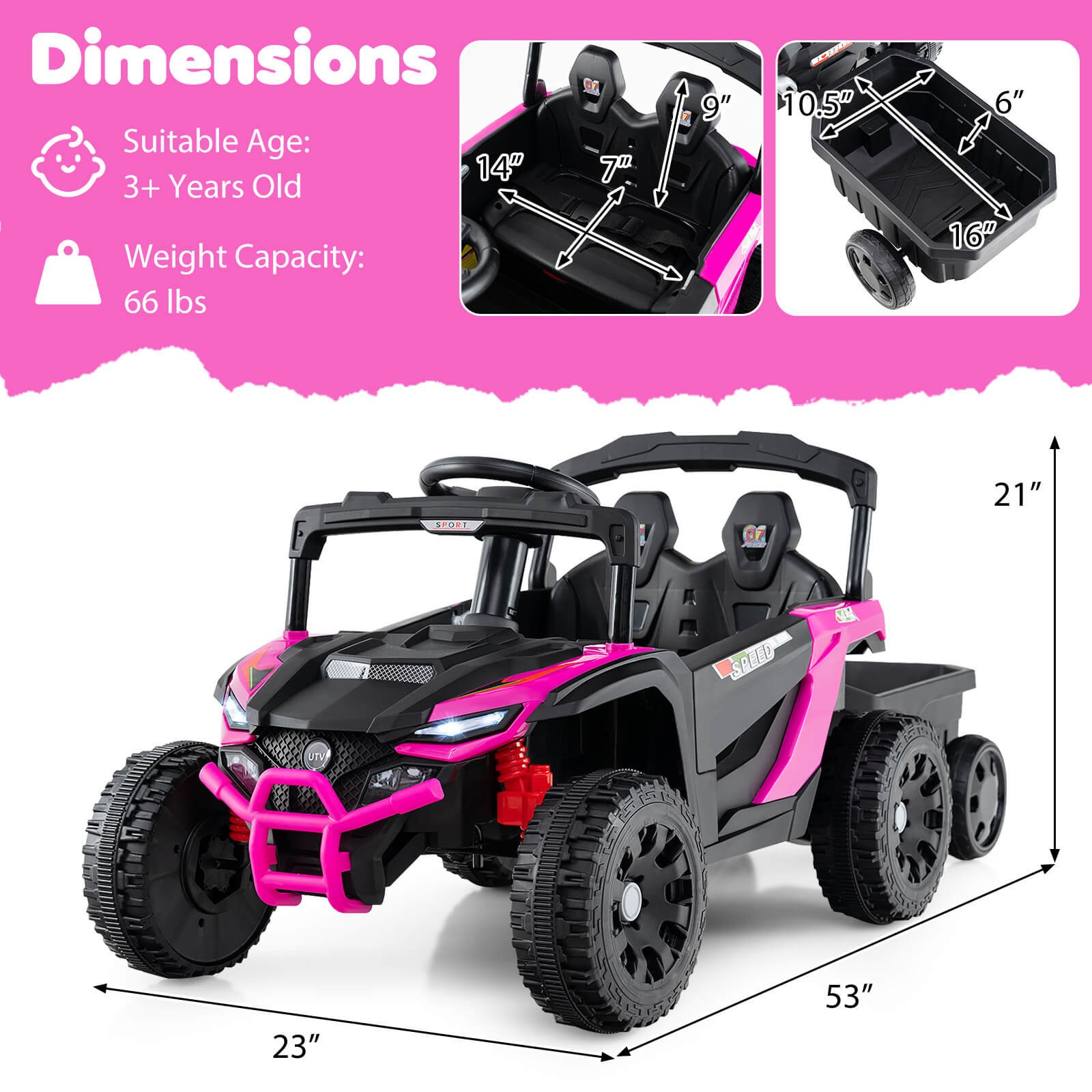 12V Kids Ride On UTV w/Detachable Trailer, Remote Control, 3 Speeds, LED Lights