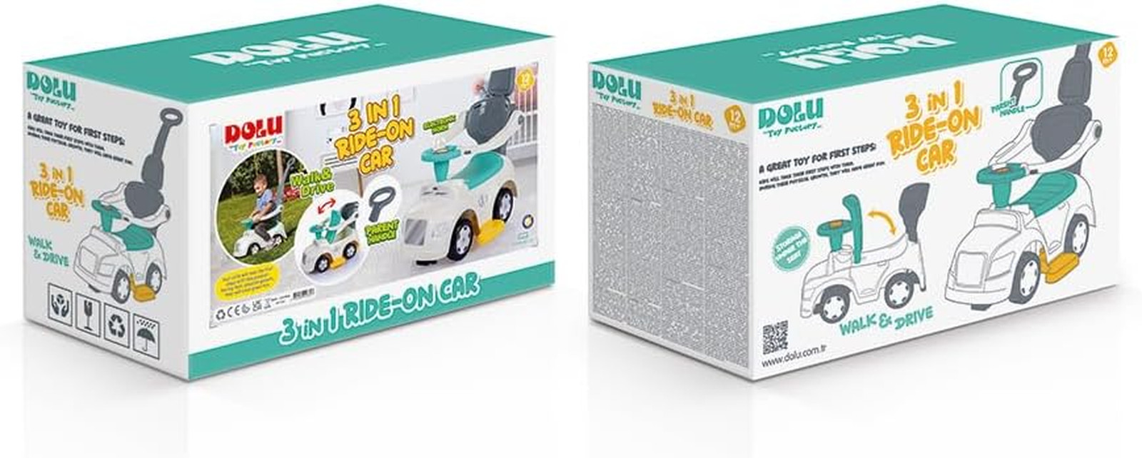: Ride-On Car: 3-In-1 Walk & Drive – White, Green, Yellow – 3 Modes: Stroller-Wa