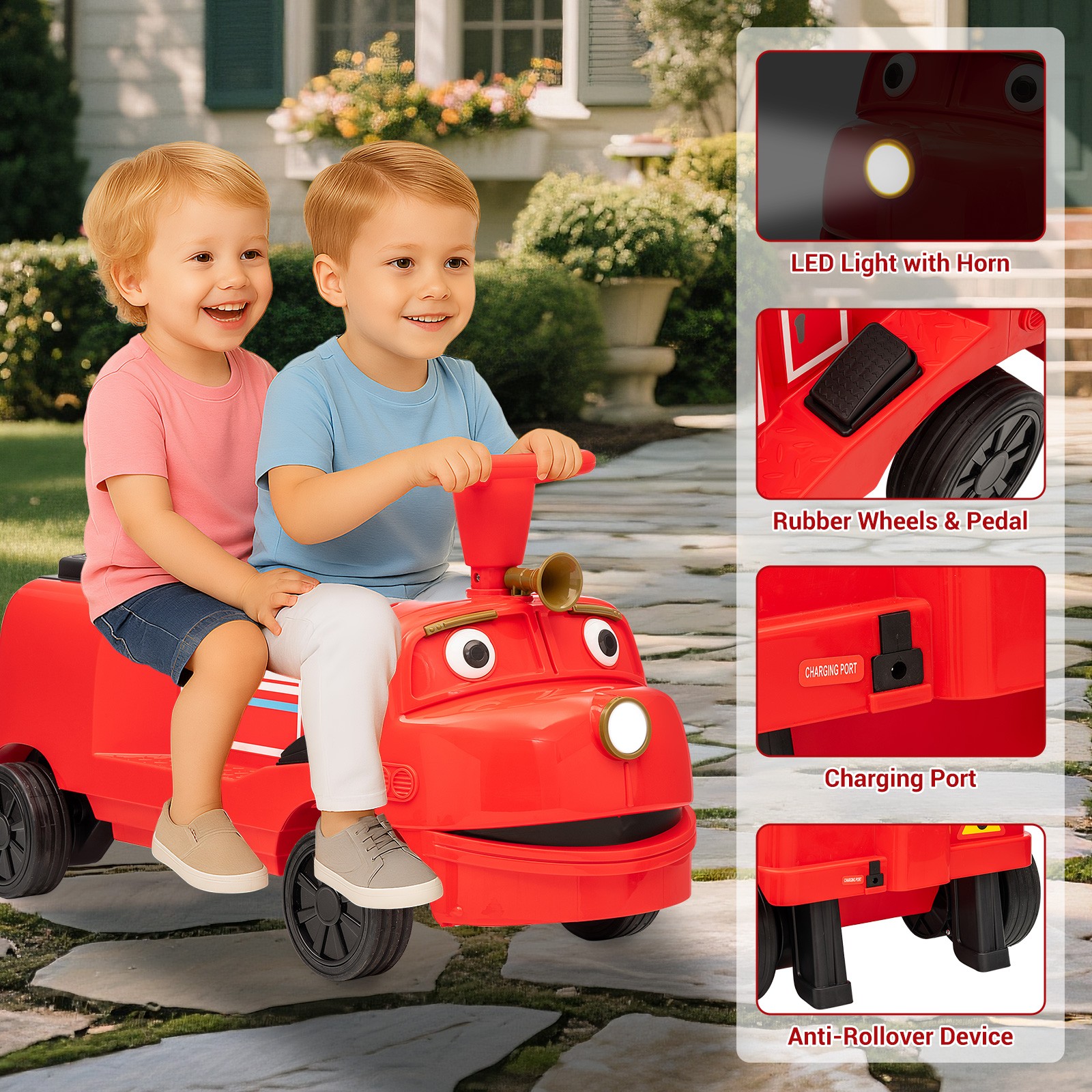 Red/Blue 12V Kids 2-Seater Ride On Train Trackless Toy Electric Car Music Lights
