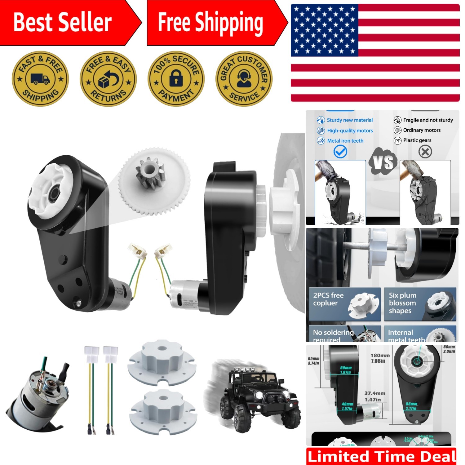2PCS 24V RS555 High-Speed Motor Gearbox for Power Wheels – Enhances Performance