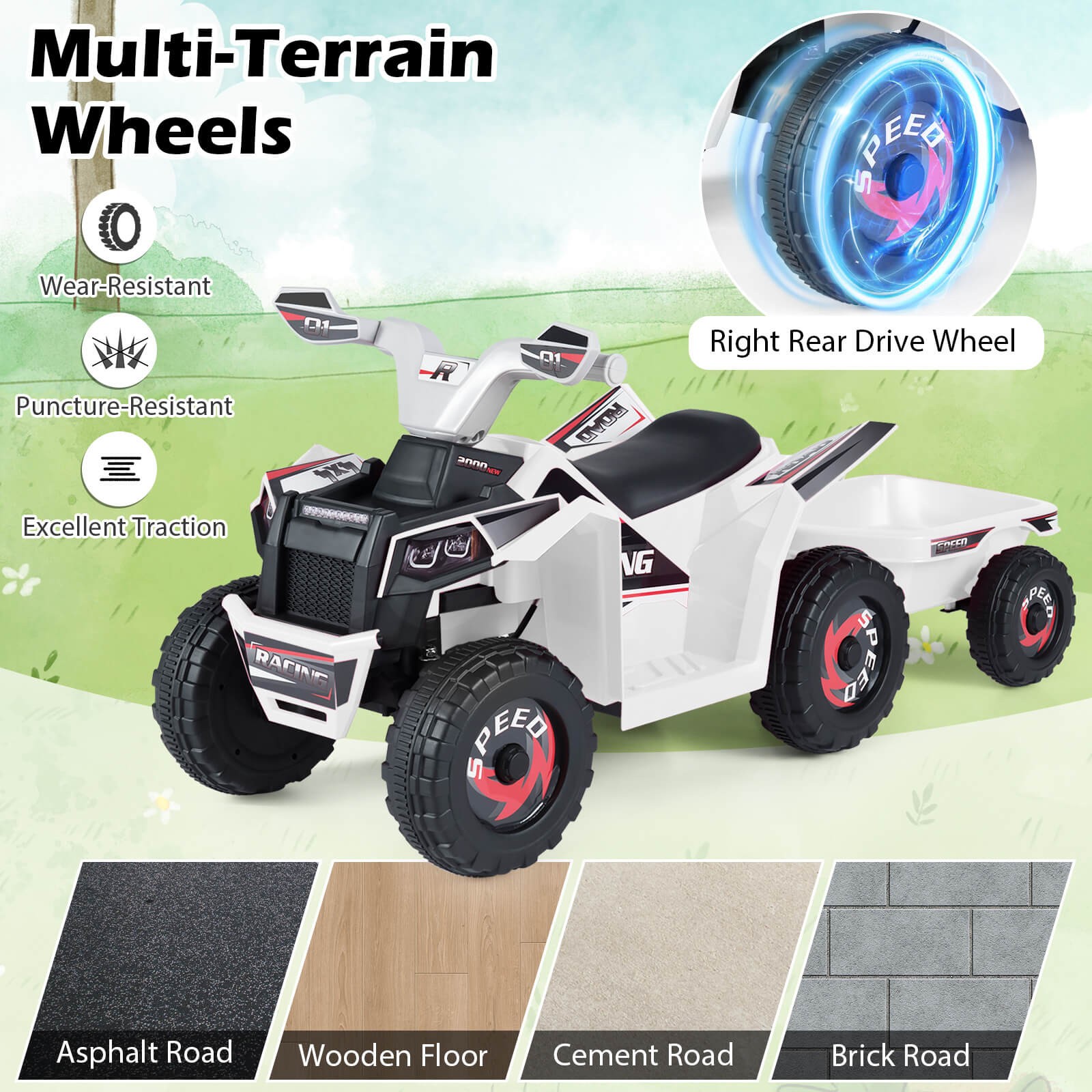 Kids Electric ATV Car, 6V Battery-Powered Ride on Toy w/Removable Back Trailer