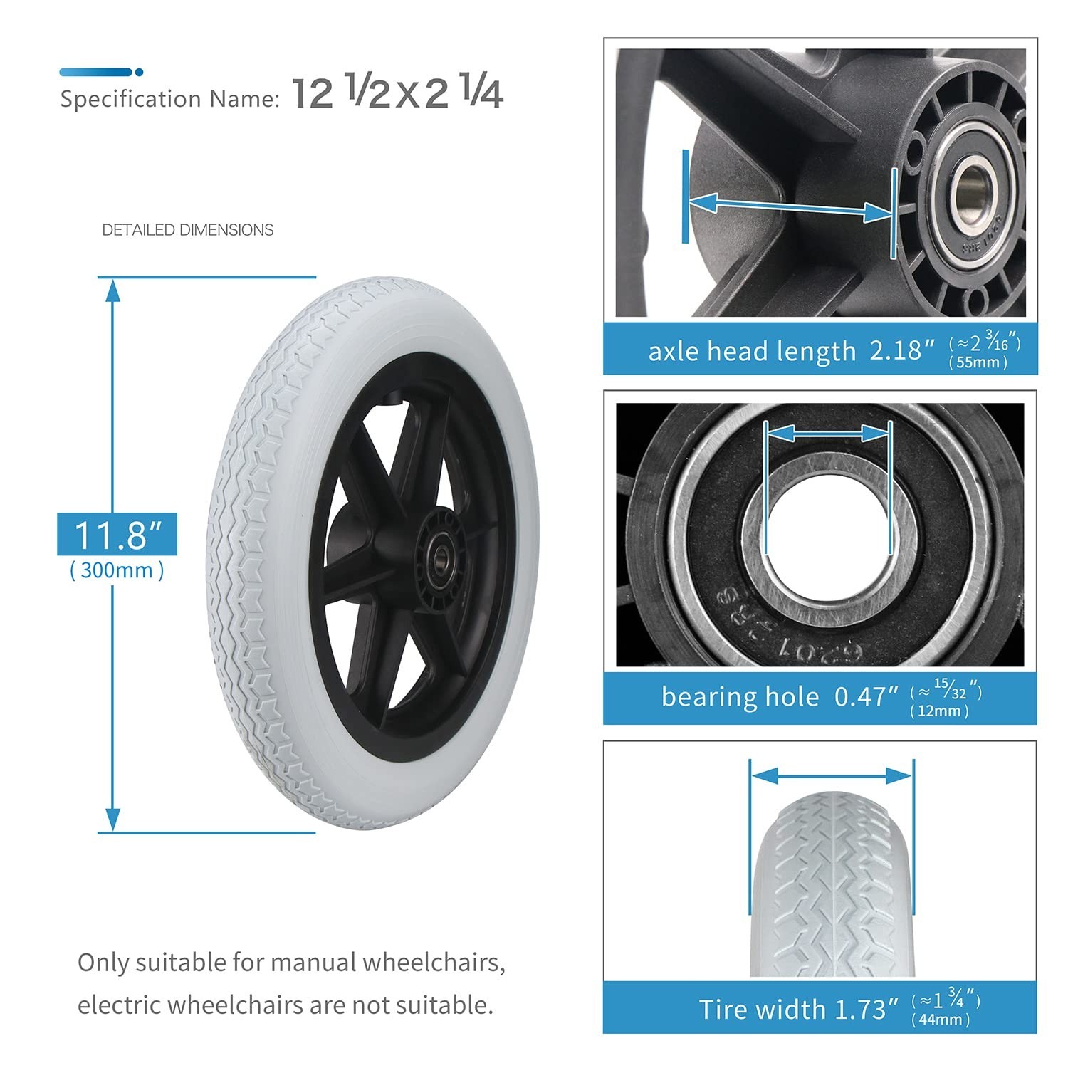 Wheelchair Wheels Assembly (Pair) 12 Inch Rear Wheel 12 1/2 x 2 1/4″ Gray Sol…