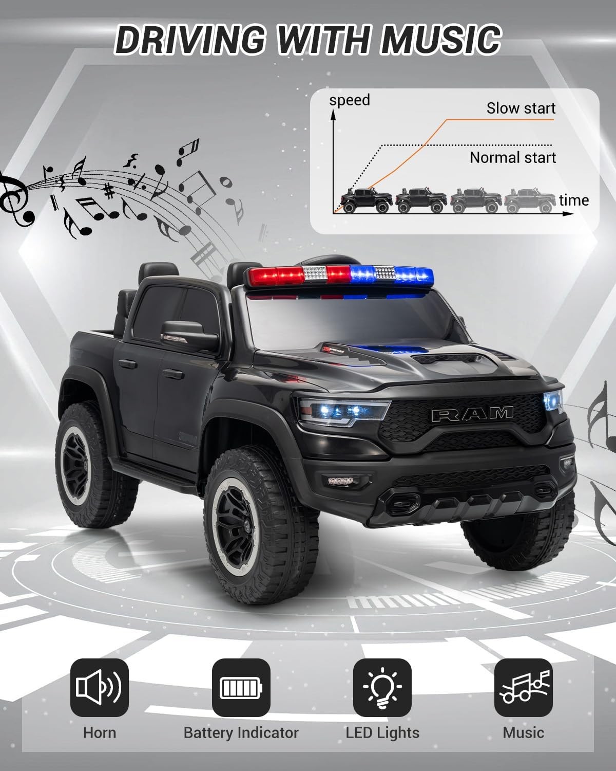 12V Kids Ride On Car with Remote Control,Electric Pickup Truck with Police Light