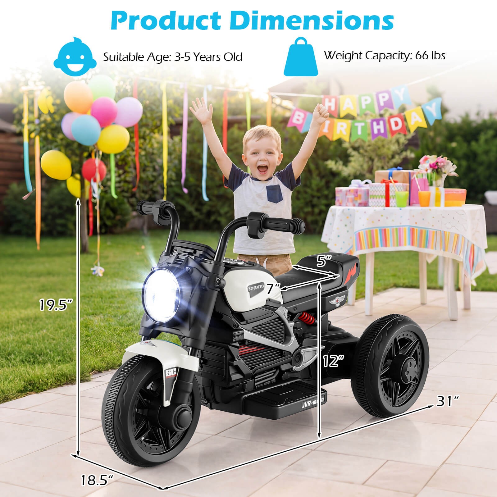 6V Kids Motorcycle w/Song,Story,LED Headlights,Accelerator Pedal&3 Wheels,White
