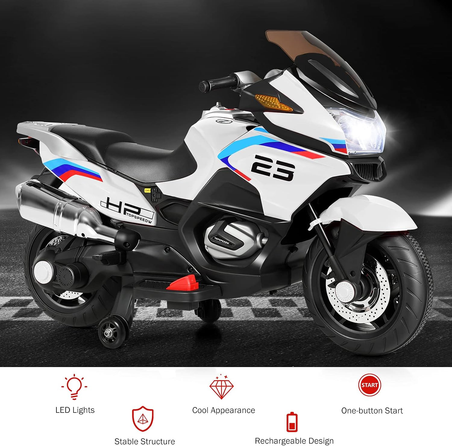12V Kids Motorcycle, Battery Powered Electric Vehicle for Kids, Training Wheels,