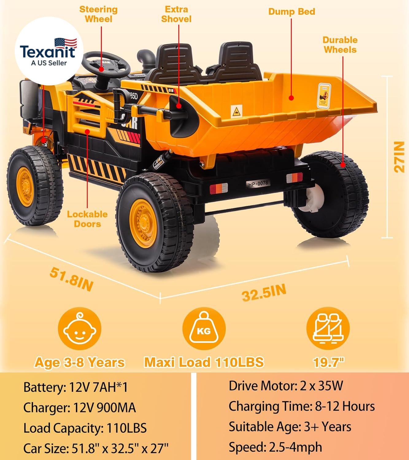 2-Seater Electric Ride on Truck Toy Car Construction Vehicle for Boys, 12V Kids