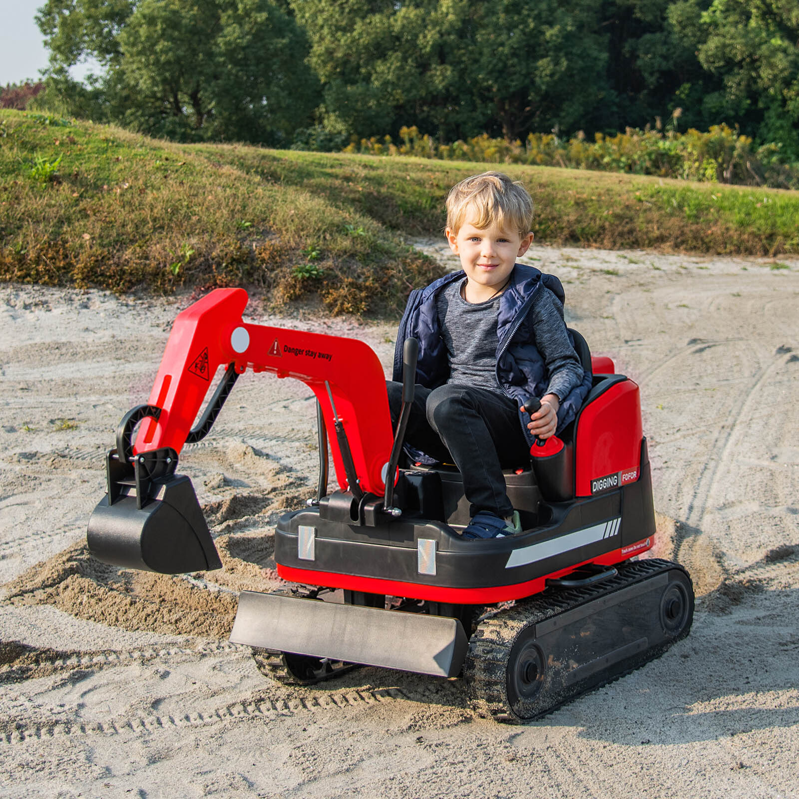 2IN1 12V 360° Kids Red Ride on Traxcavator Excavator Toys with Remote Control