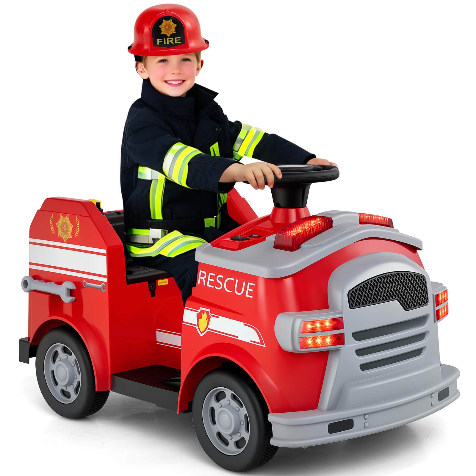 12V Kids Ride on Fire Truck Toddler Fire Toy Car w/ Shovel & Wrench Red