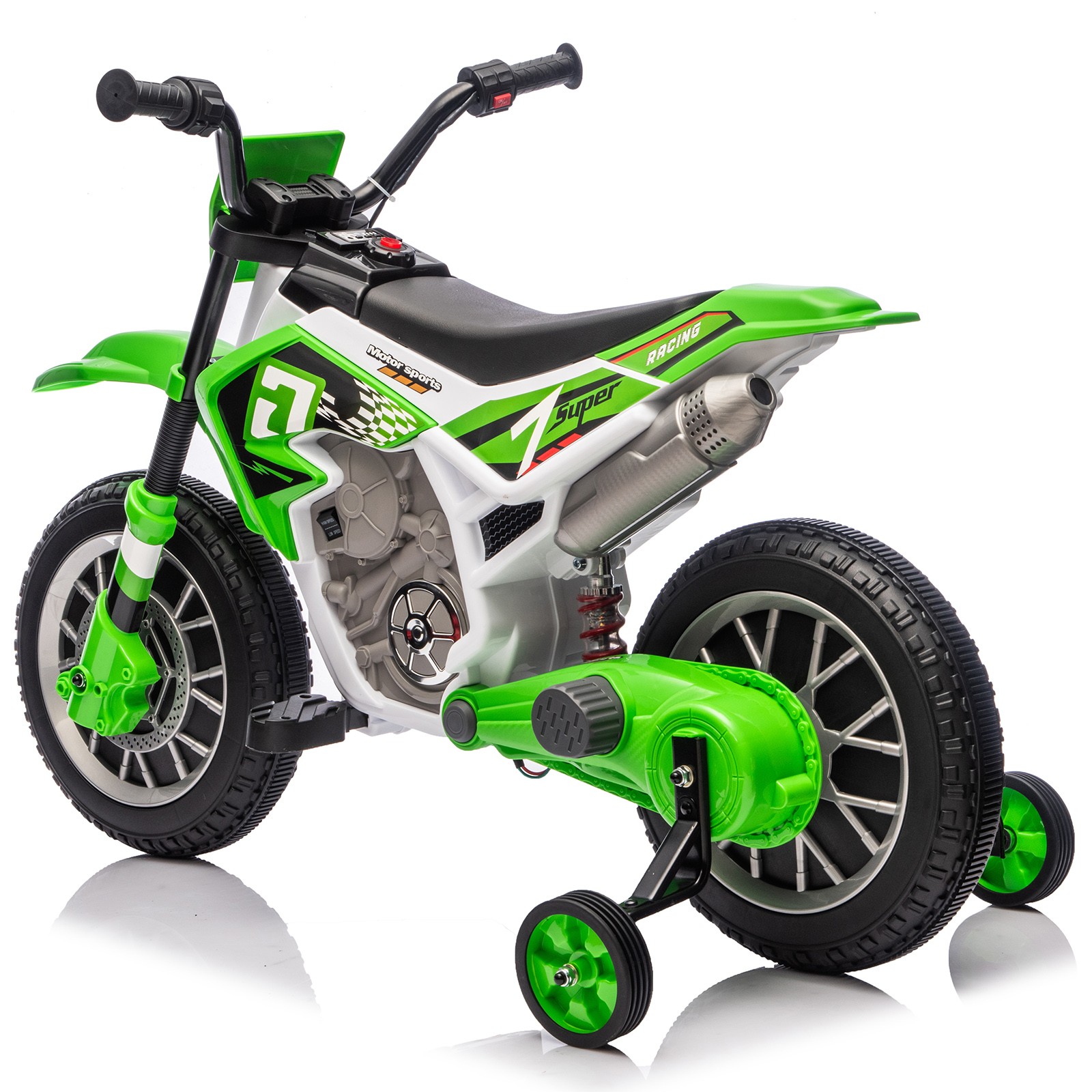 12V Kids Ride On Motorbike Motorcycle Dirt Bike with Music,Training Wheels Green