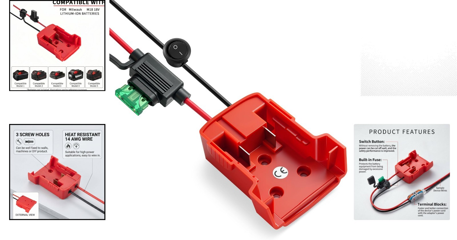Milwaukee M18 Battery Adapter Conversion Kit with Switch & Fuse – 12AWG Wire