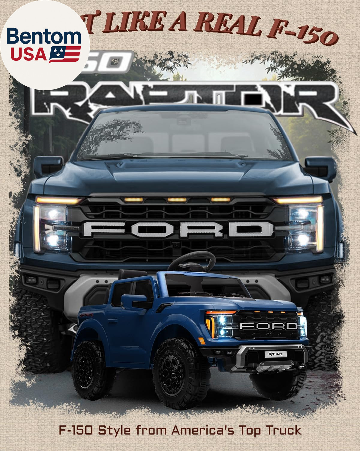 12V Electric Car for Kids, Licensed Ford F-150 Raptor Toddler Ride on Toys with