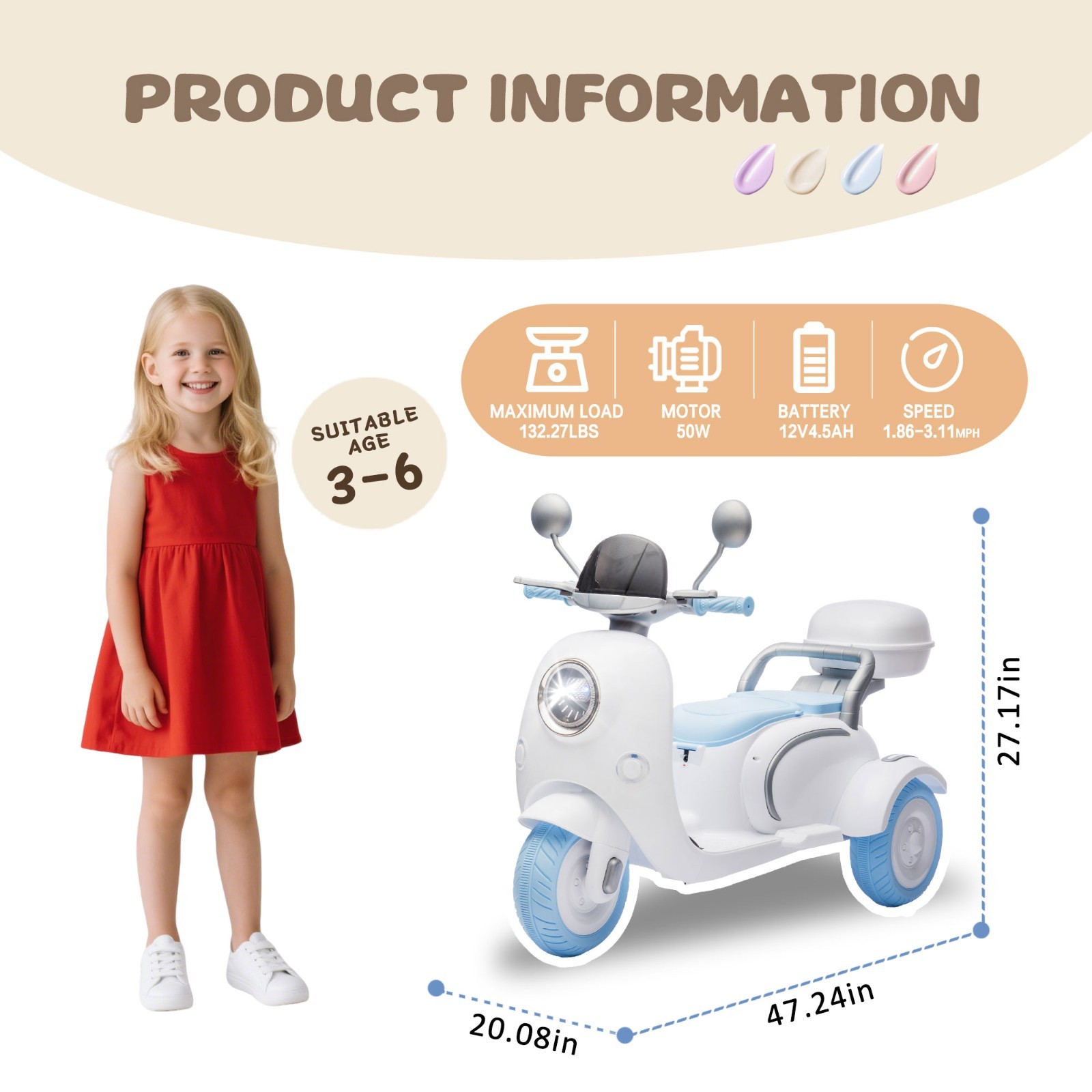 12V Ride on toys Kids Electric Motorcycle 2 Seater w/Bluetooth,LED, Blue