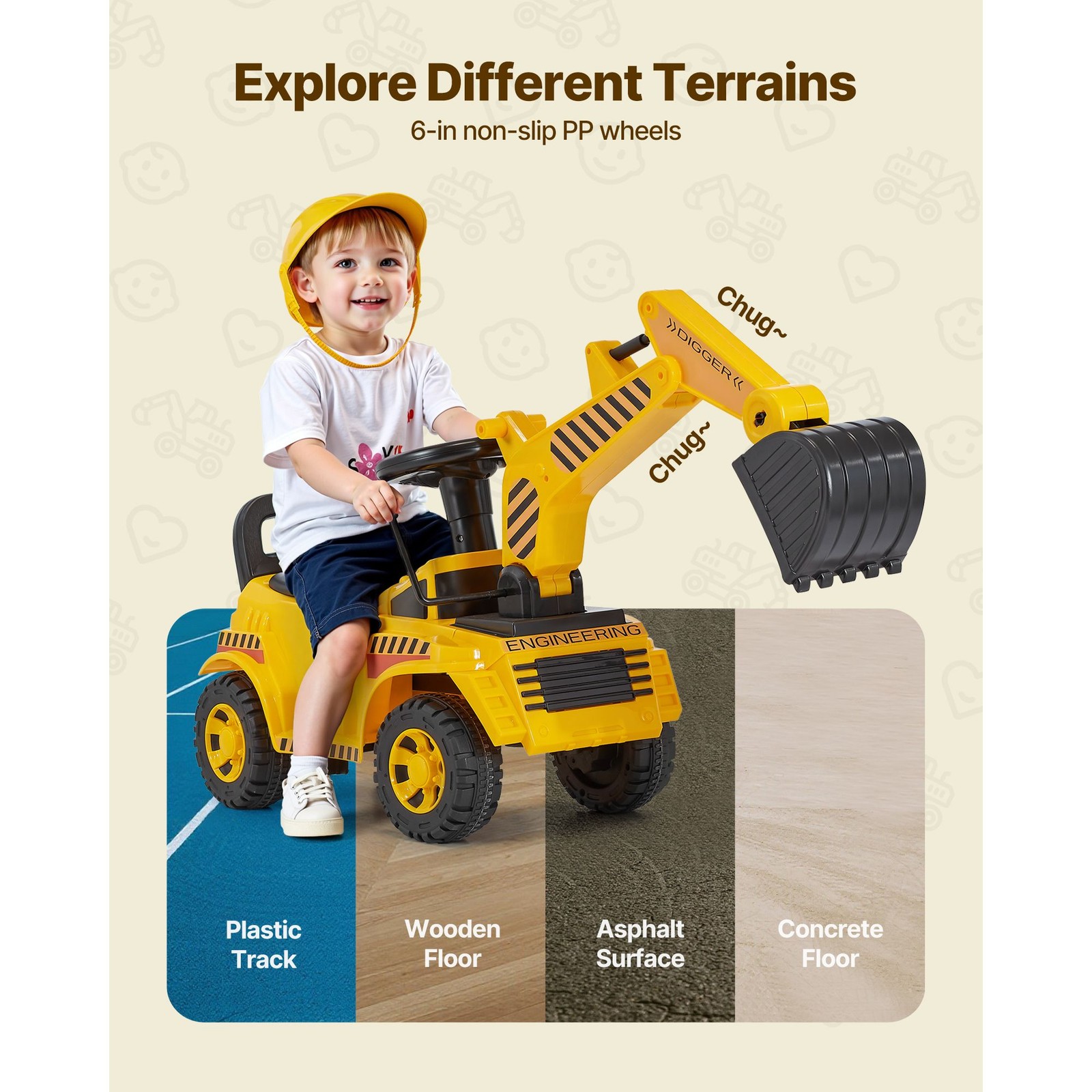 Toddler Ride On Excavator Digger Car with Helmet Music 55 lbs Capacity Yellow