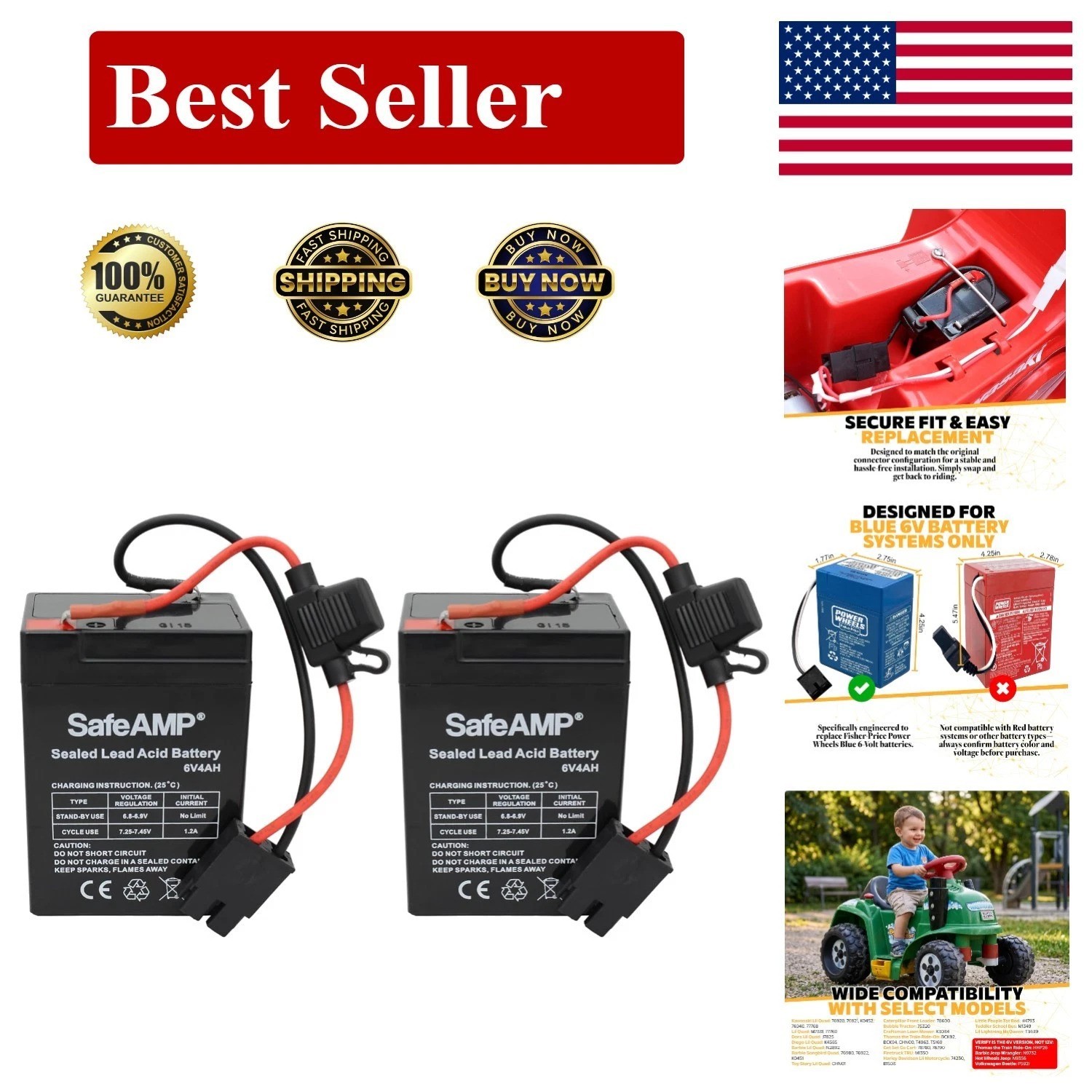 Fisher-Price Power Wheels 2 Pack Blue 6V Battery Replacement with Harness
