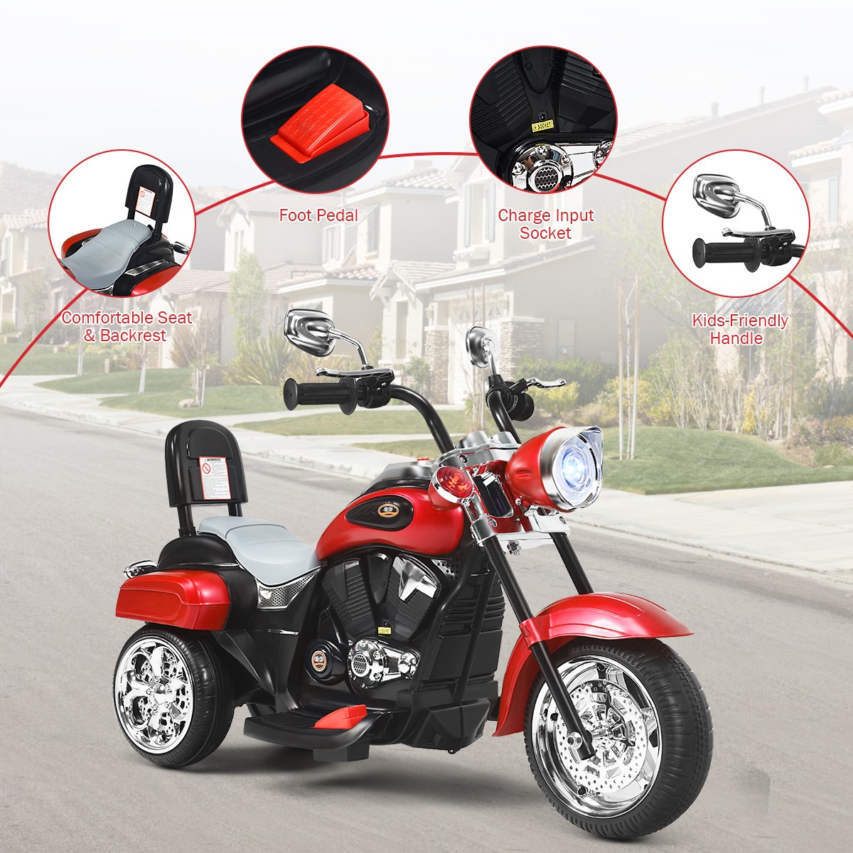 6V Kids Ride On Chopper Motorcycle 3 Wheel Trike with Headlight and Horn Red