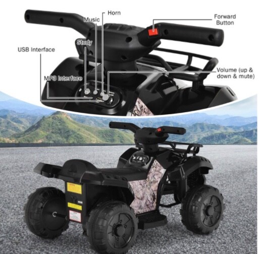 Black camo toddler electric quad 6v 44lbs max 8-12 hours play time