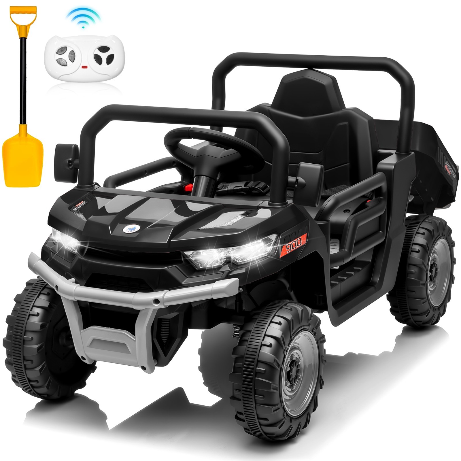 24V Kids UTV Dump Truck RC Spring Suspension Dump Bed Shovel Bluetooth LED Light