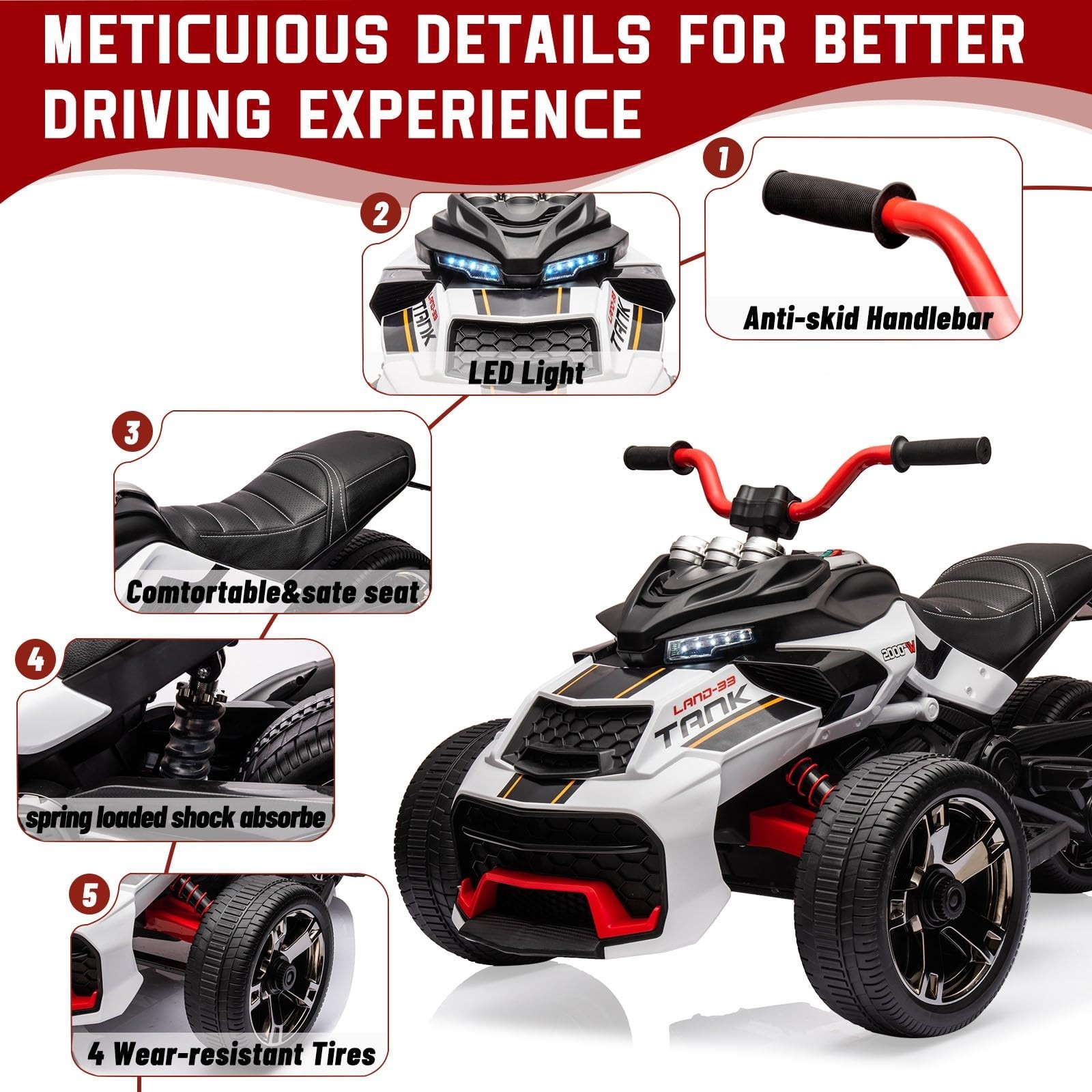 12V Kids Ride on Toy Electric Power Wheels Car Jeep 4mph w/ 3 Wheelers Jeep Led