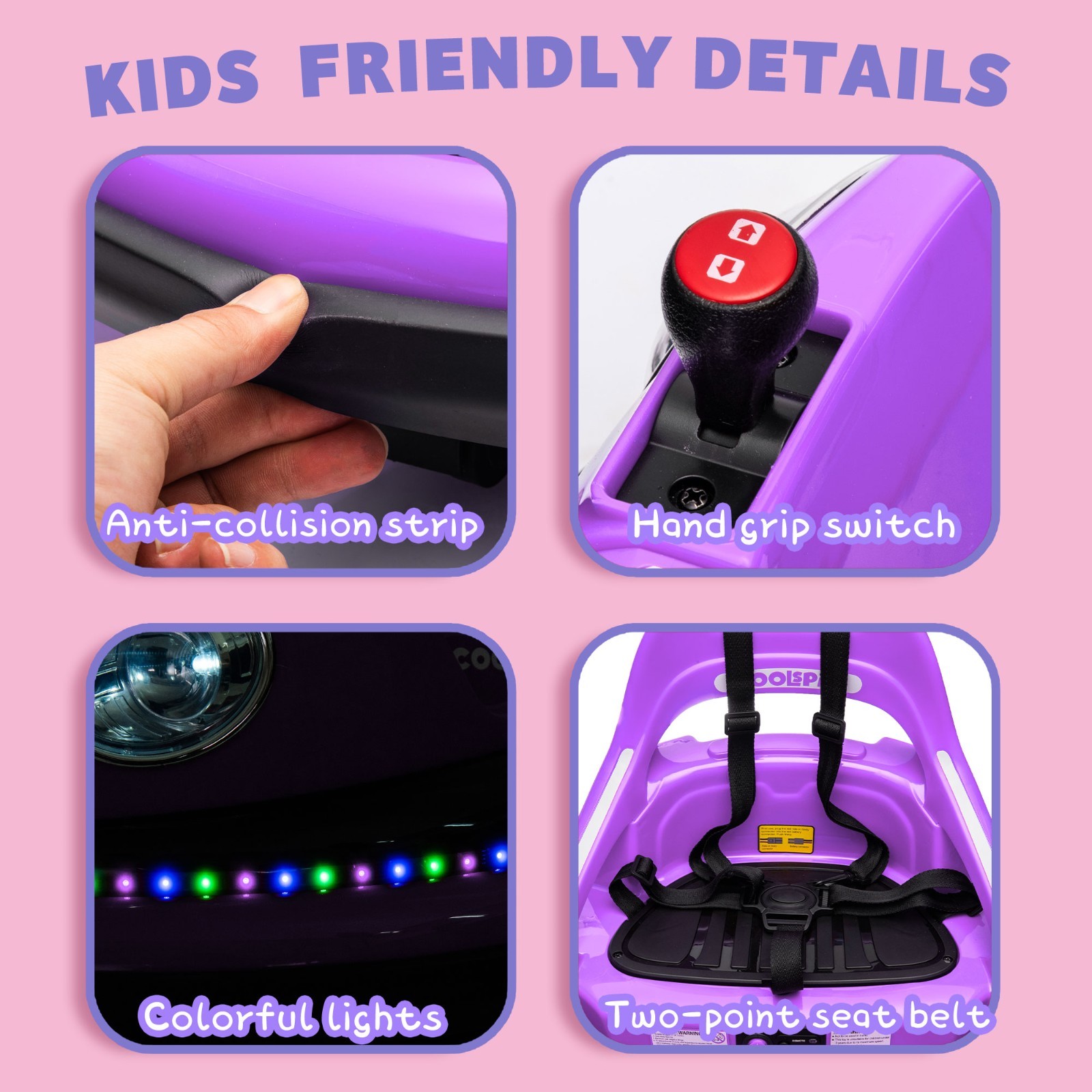 12V Kids Ride on Bumper Electric Car Toys w/Remote, LED, 360 Degree Spin,Purple