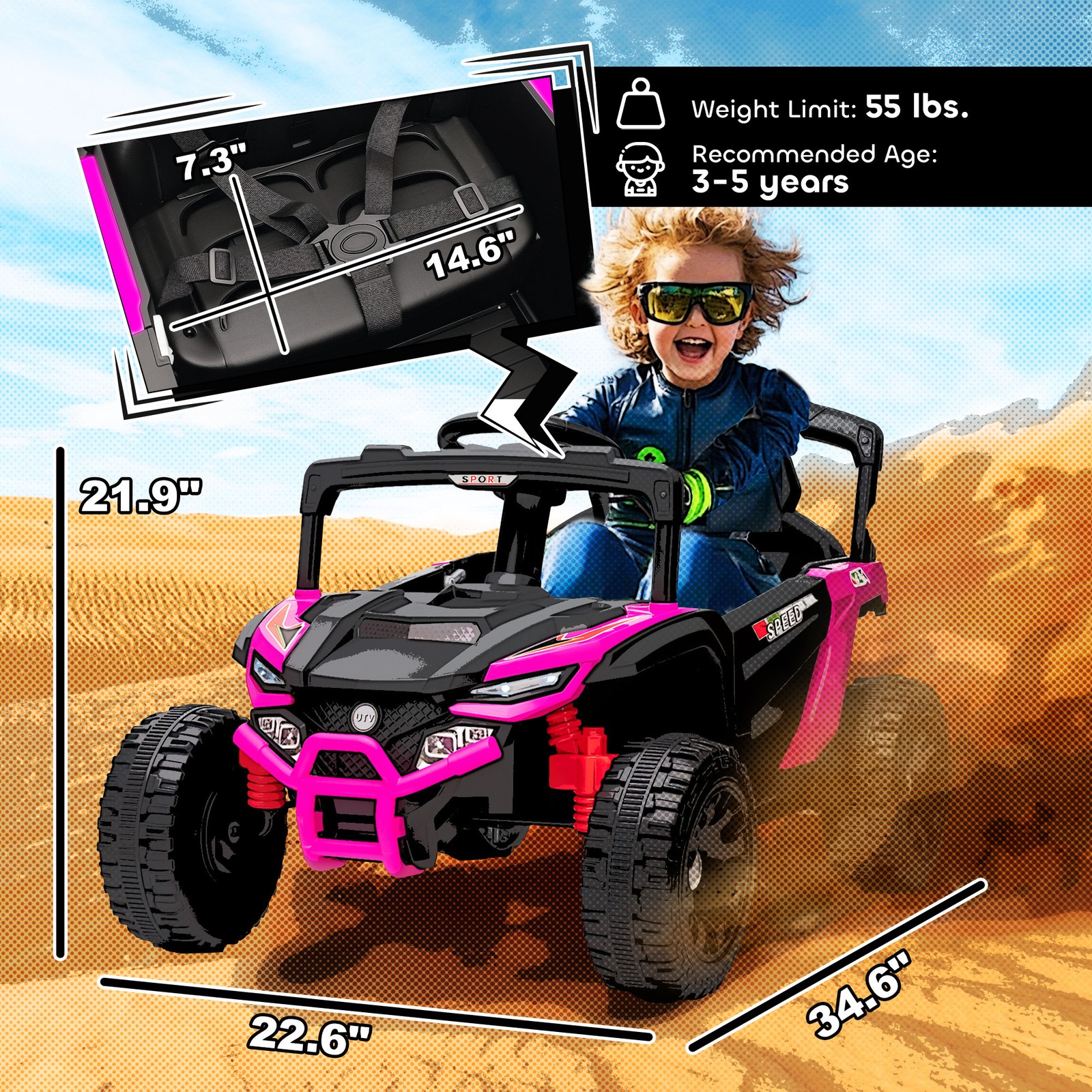 12V Kids Ride On Truck with Dual Motors for 3-5 Boys Girls, Pink