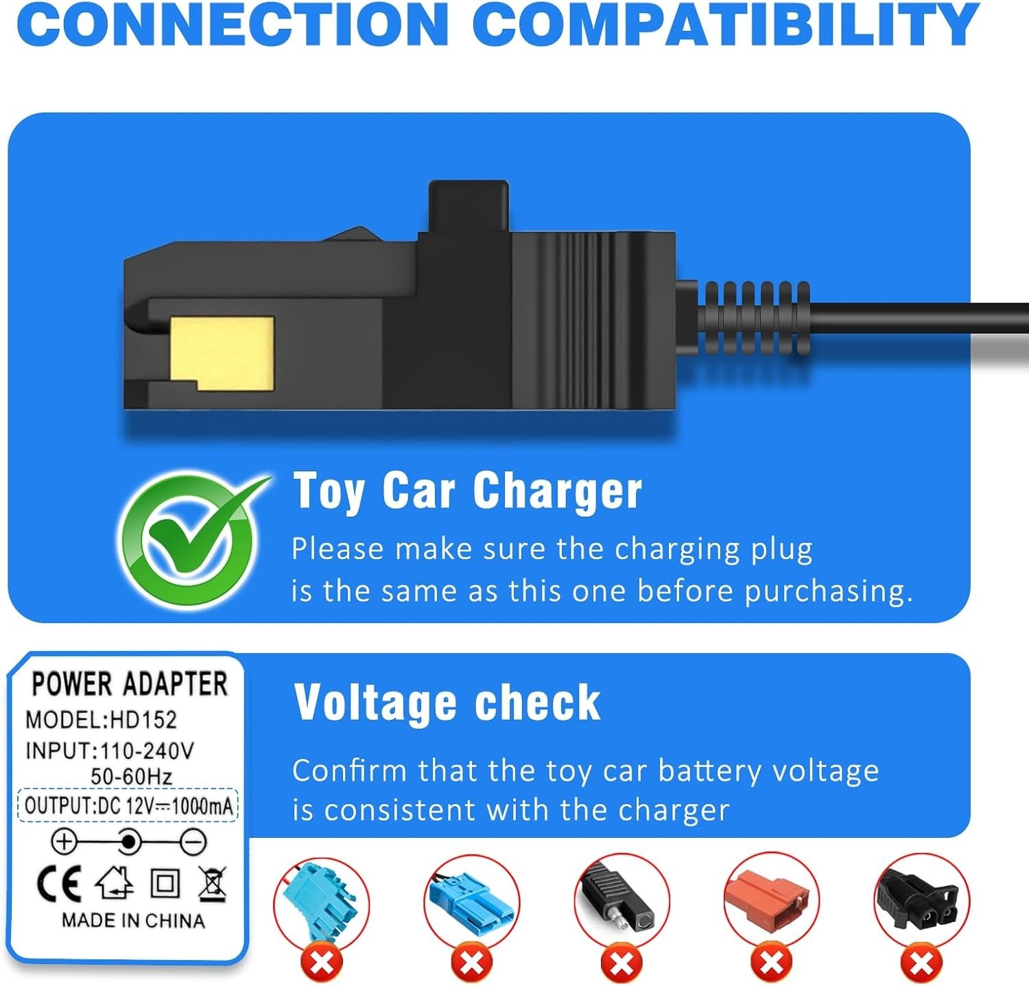 12V Battery Charger for Power Wheels Gray Battery and Orange Top Battery 12V