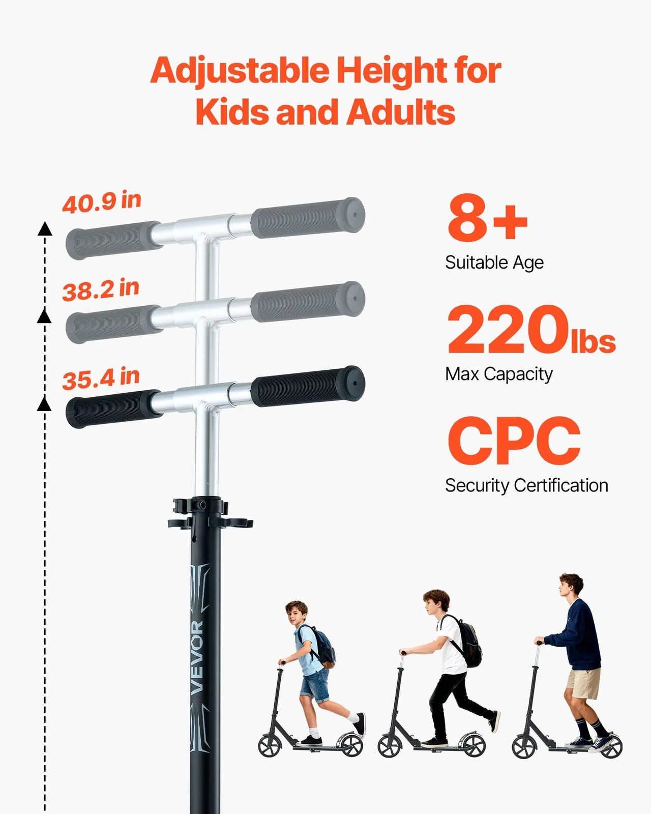 Kick Scooter for Kids Ages 8+, Teens & Adults, 2-Wheel Toddler Scooter with Adj