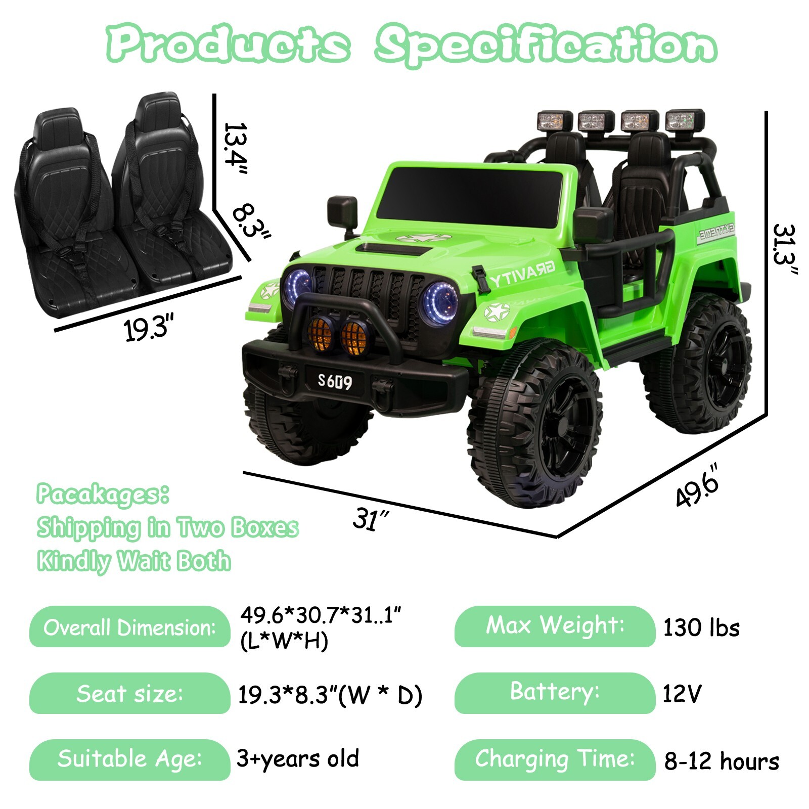 ZEOPHOL Ride On Truck Jeep 12V Electric Kids Toys Car 2 Seater 3 Speeds Green