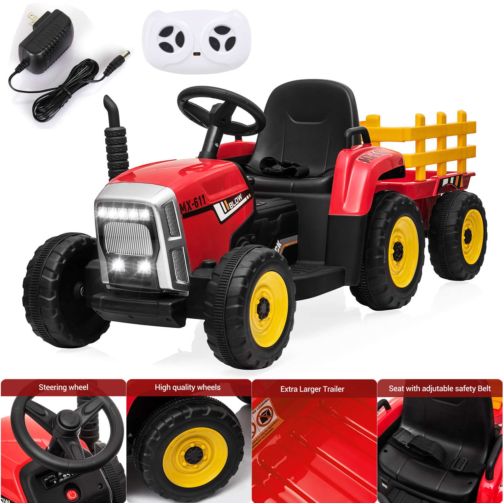 12V Kids Ride On Tractor Car with Trailer Electric Vehicle Toy w/ RC LED MP3 Red