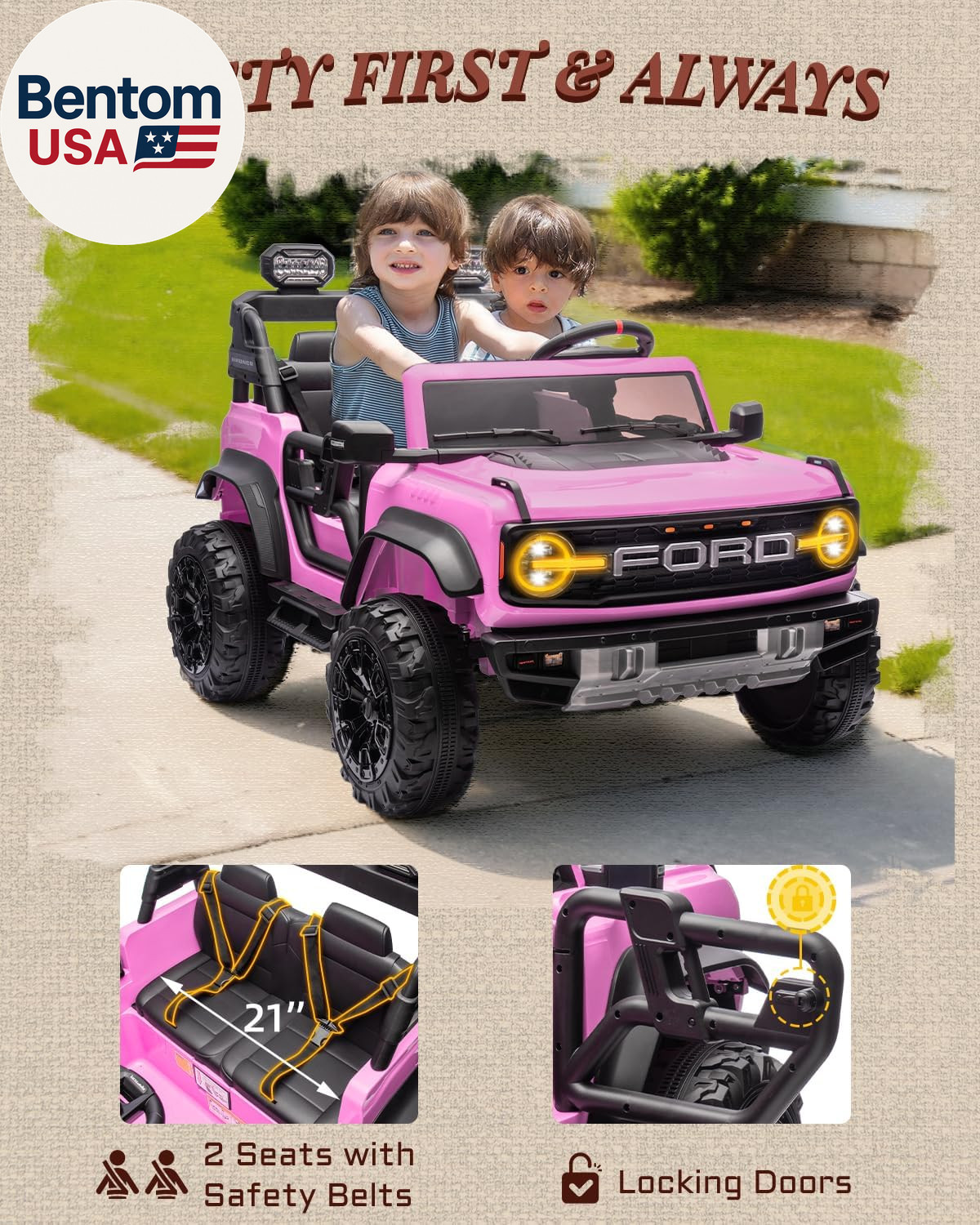 24V Ride on Toys for Big Kids, Licensed Ford Bronco Raptor 2 Seater Ride on Cars