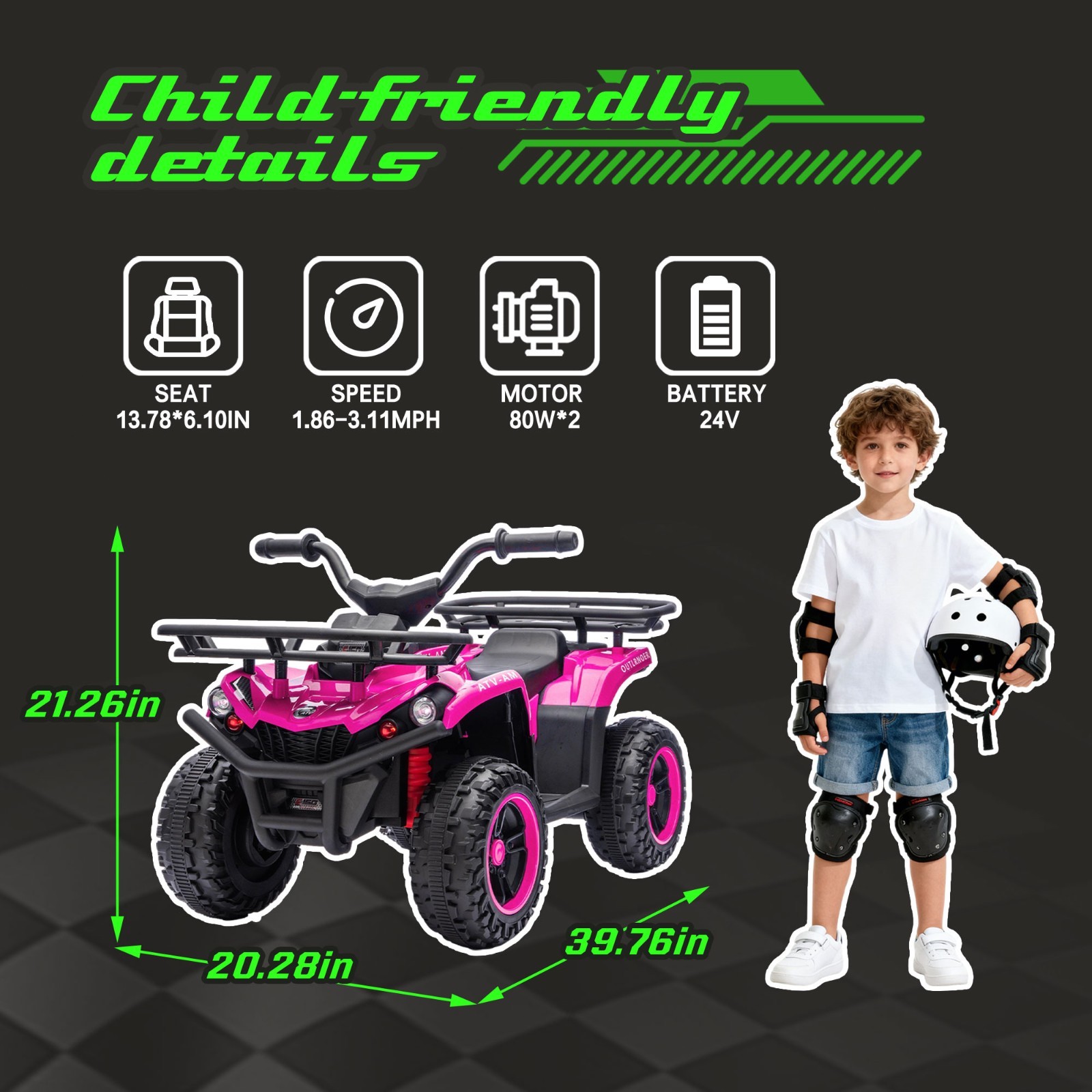 24V Kids Ride On ATV, 160W Off-Road Toys w/LED, Dual Storage Racks,Pink