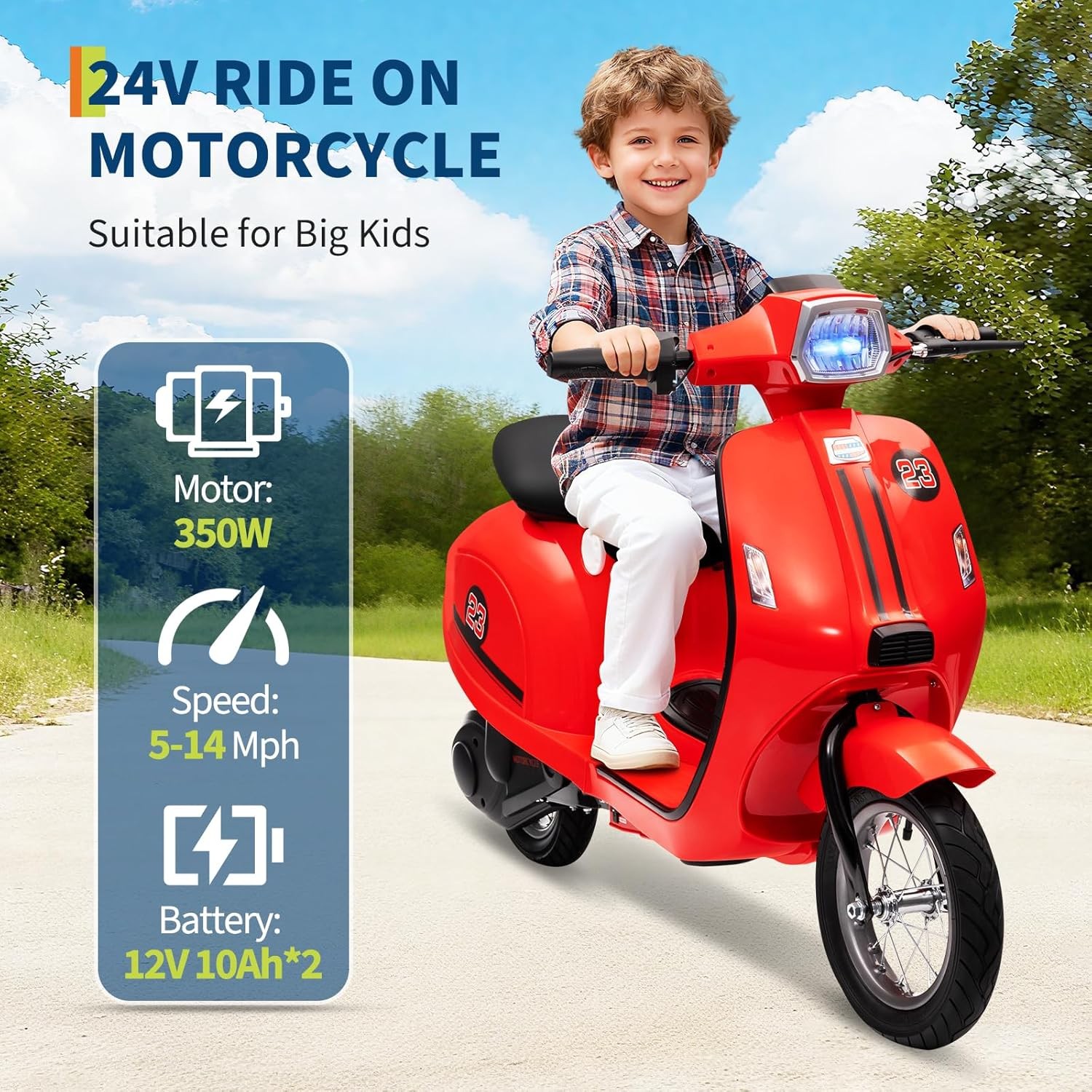 Electric Kids Motorcycle 24V, 350W Motor, Waterproof,12″ Pneumatic Tires,Ages 8+
