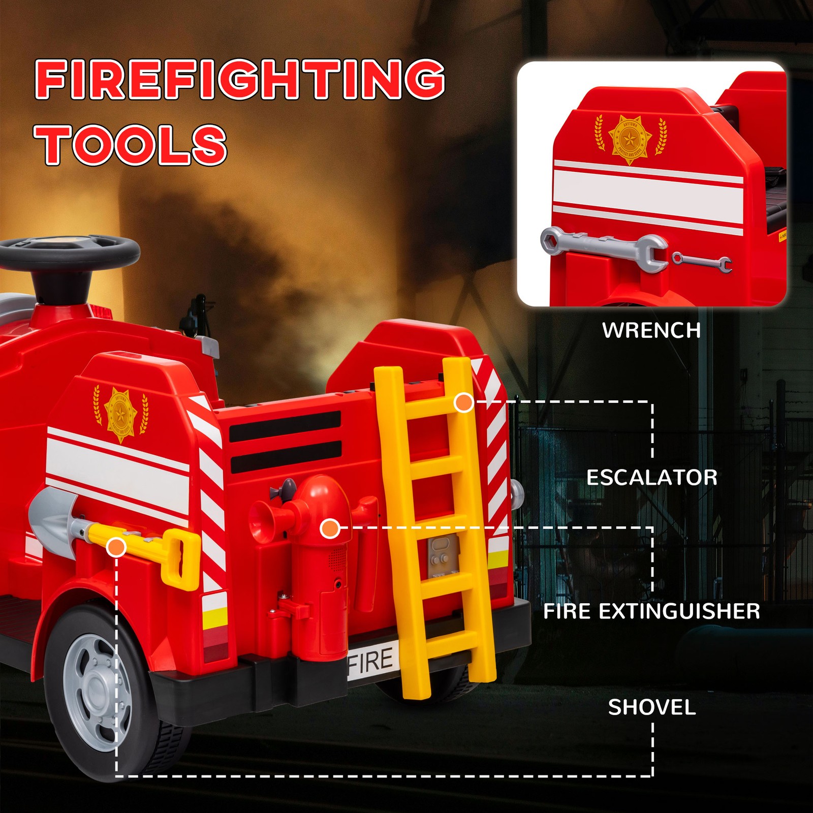 12V Ride on Fire Truck w/ Siren, Flashing Lights