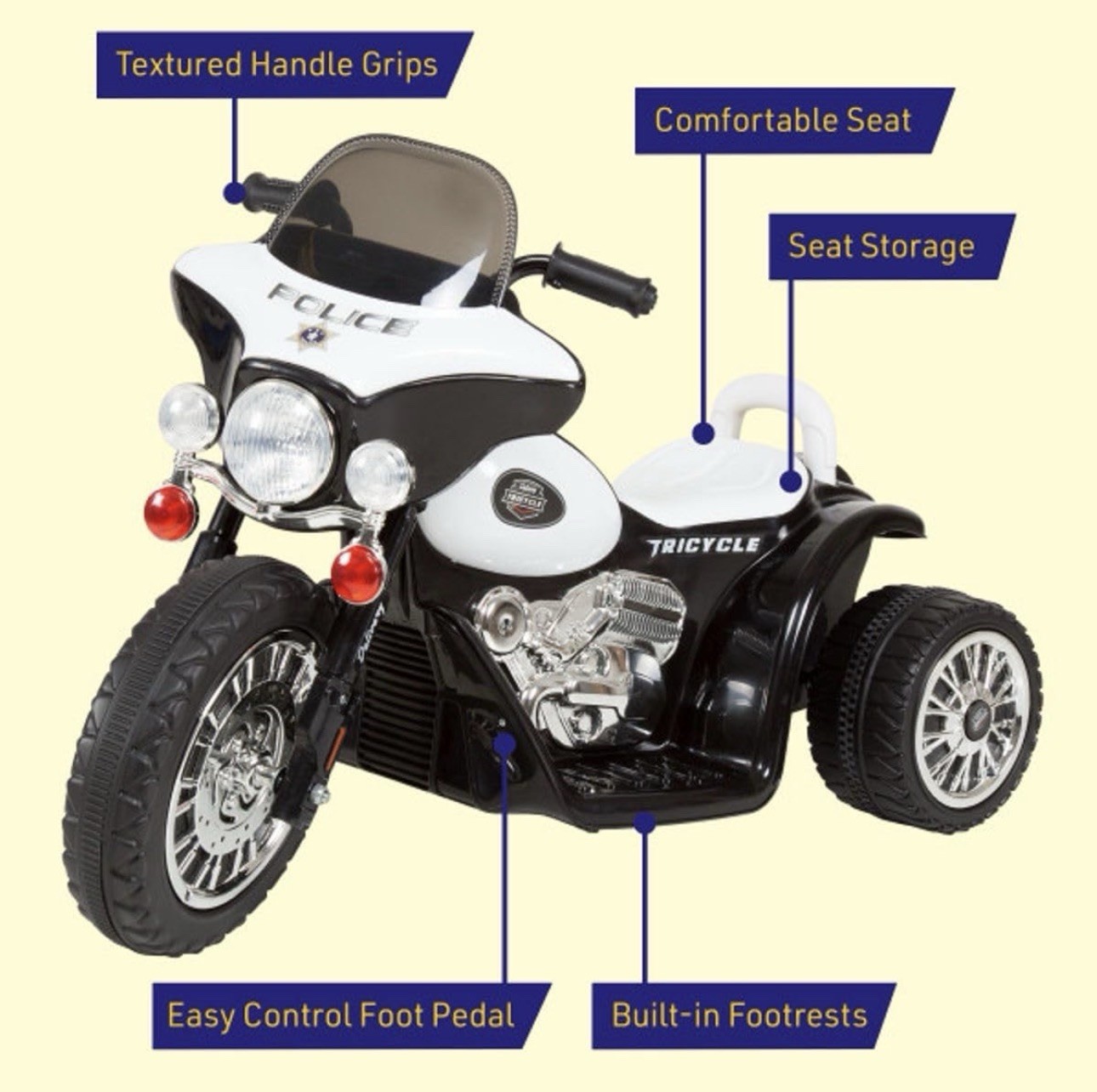 Kids 3-Wheel Motorcycle Ride On Toy Battery Powered Police Decals Headlights New