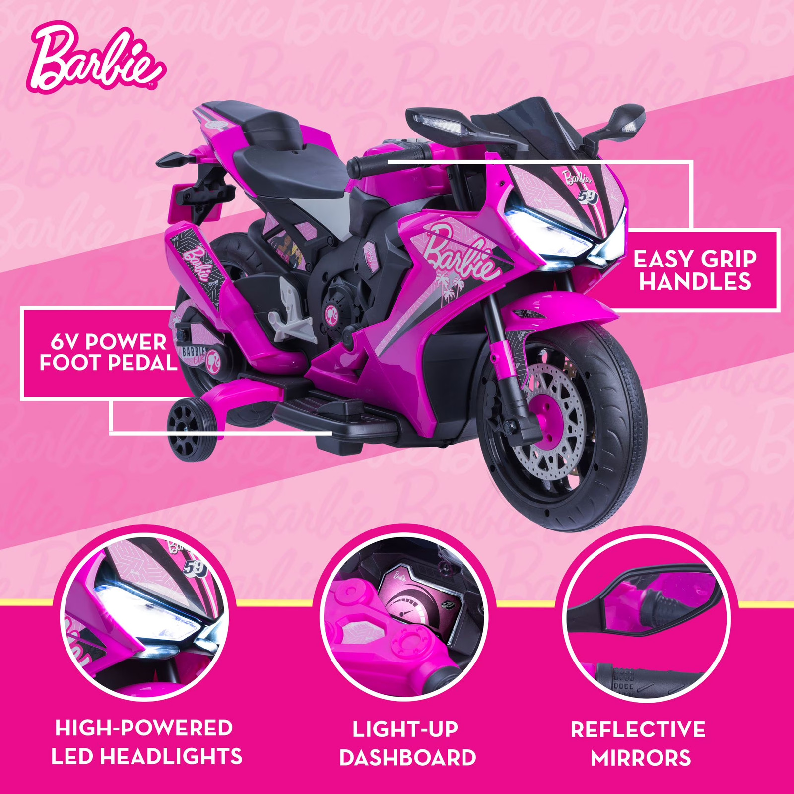 Kids Ride On Toy Pink Barbie Motorcycle 6V Battery Powered Sounds and Lights
