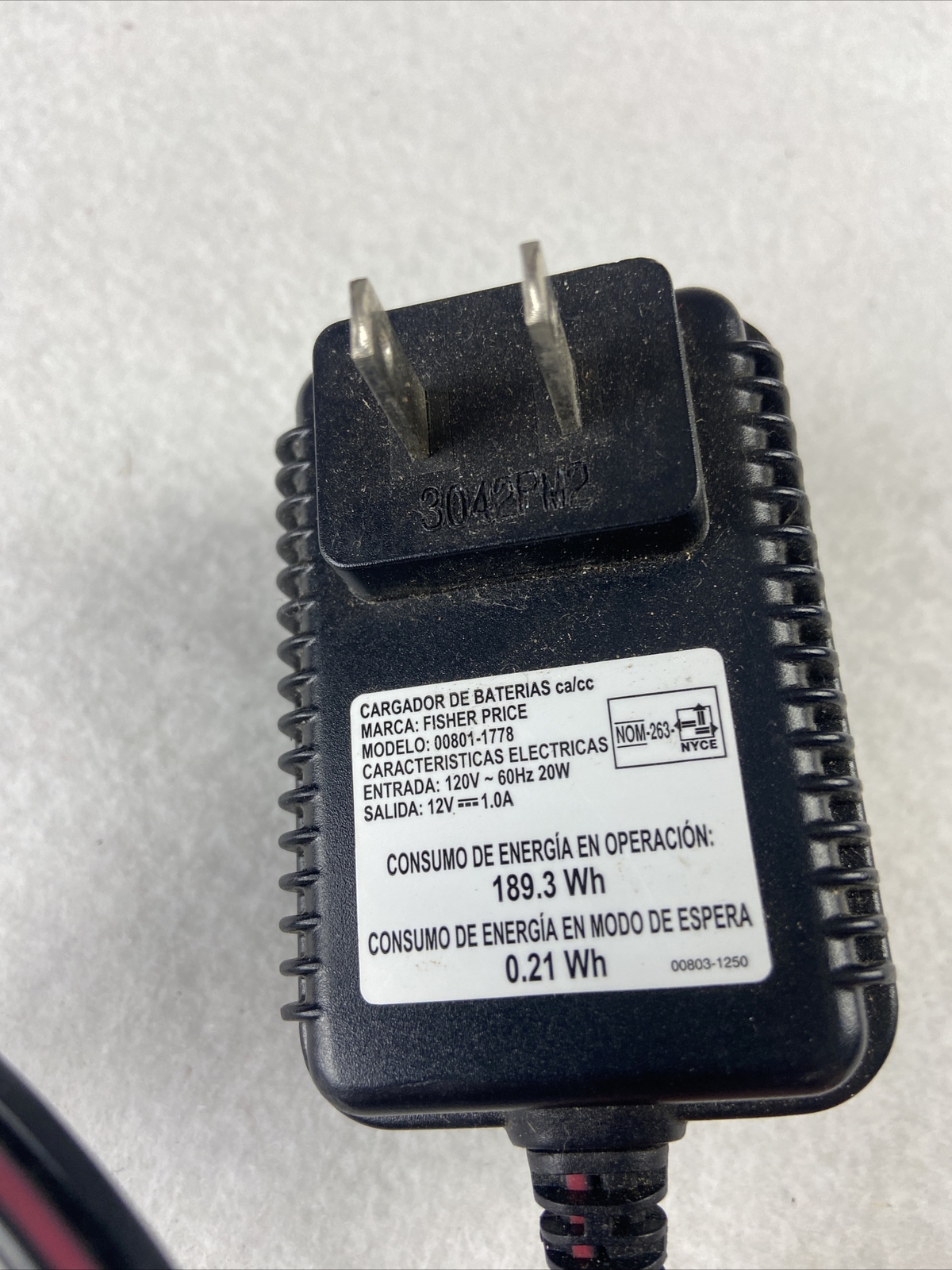 Power Wheels Fisher Price 12V 1A Battery Charger Power Cord 00801-1778