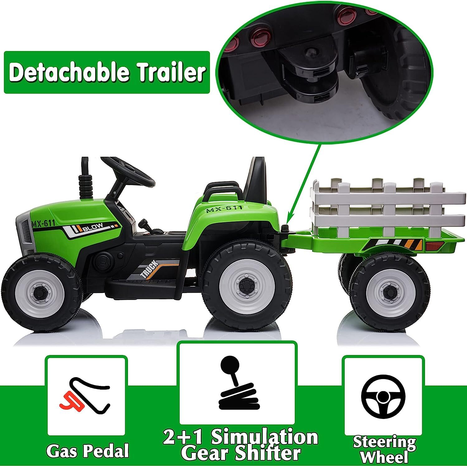 12V Ride on Tractor with Detachable Trailer Kids Toddler Truck Car Toy Xmas Gift