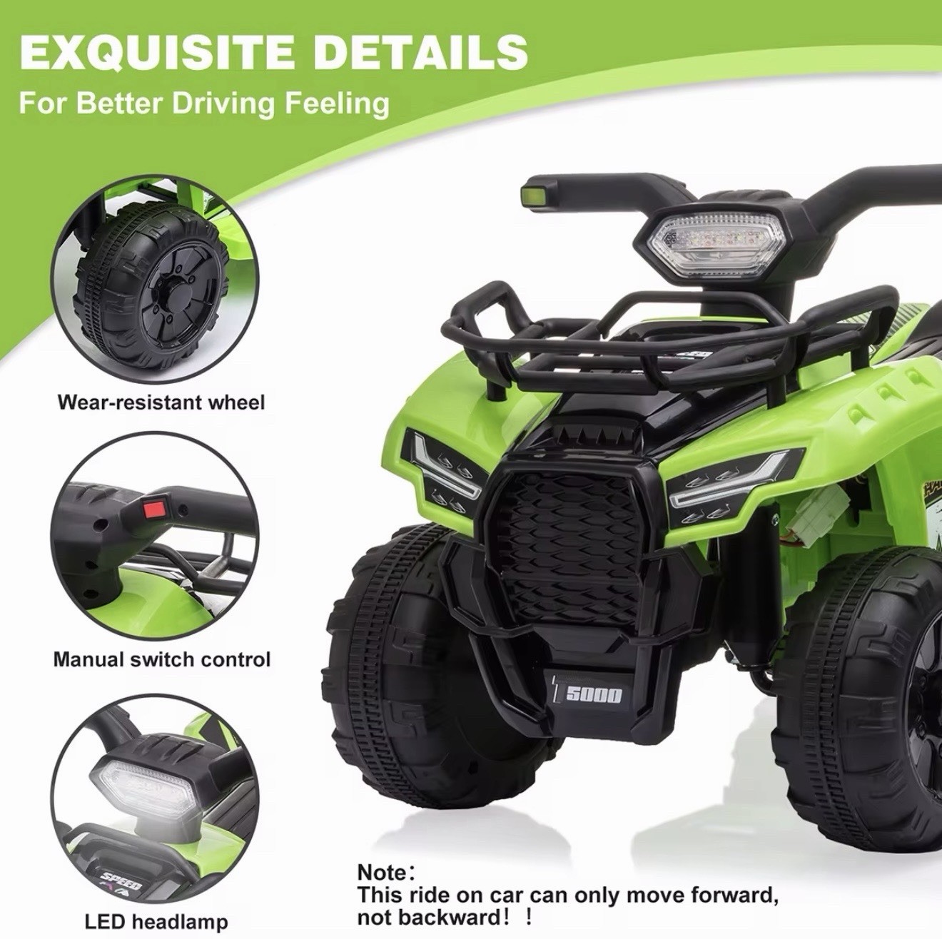 Green 12V Battery Operated ATV Ride-On Toy for Kids 1-3 Years, LED Headlamp