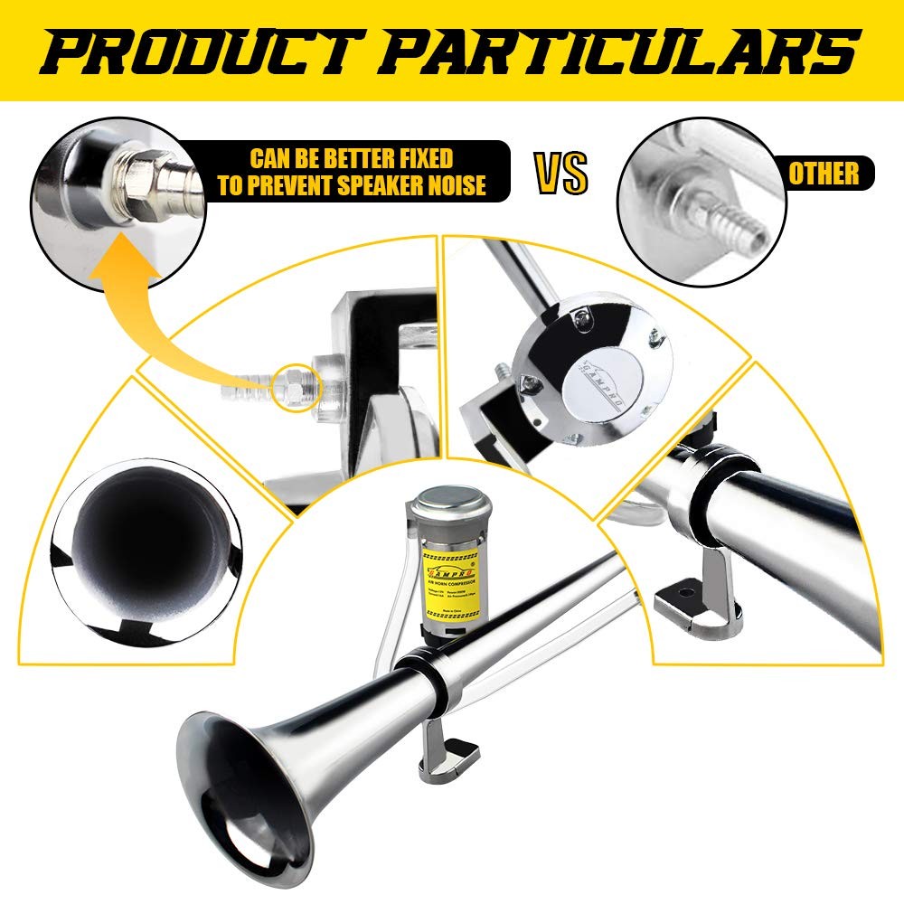 12V 150DB Car Air Horns, 18 Inches Chrome Zinc Single Trumpet Truck Air Horn wit