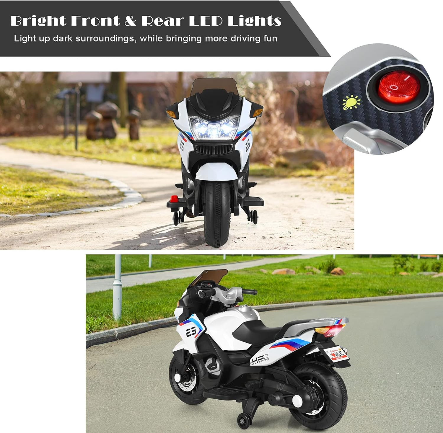 12V Kids Motorcycle, Battery Powered Electric Vehicle for Kids, Training Wheels,