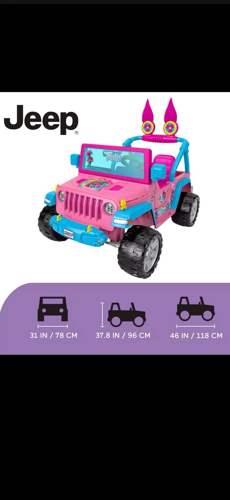 Power Wheels Trolls Band Jeep Wrangler 12V Battery-Powered Ride-On, Ages 3+