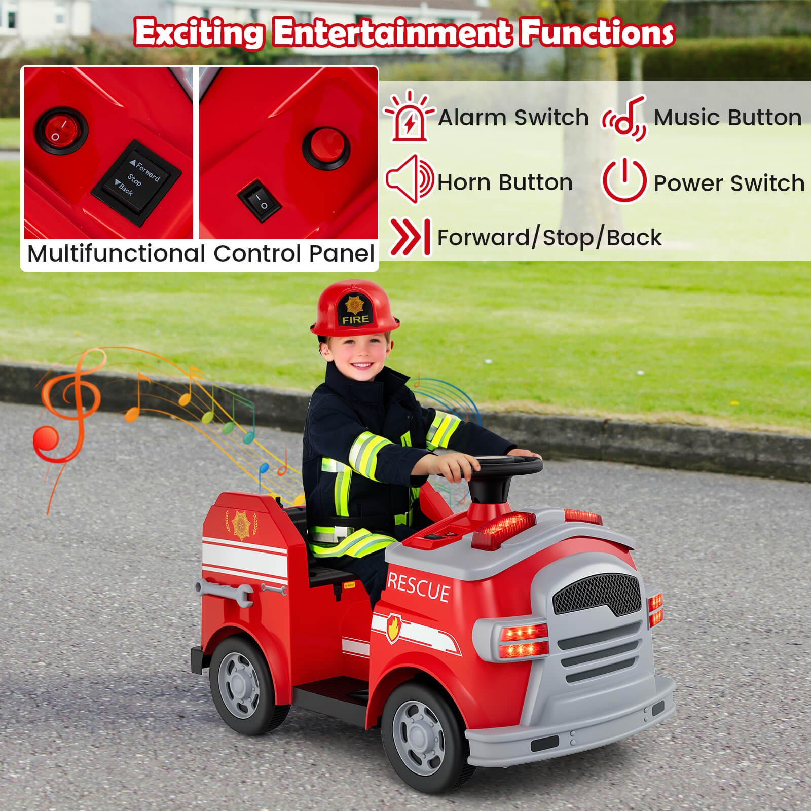 12V Kids Ride on Fire Truck Toddler Fire Toy Car w/ Shovel & Wrench Red