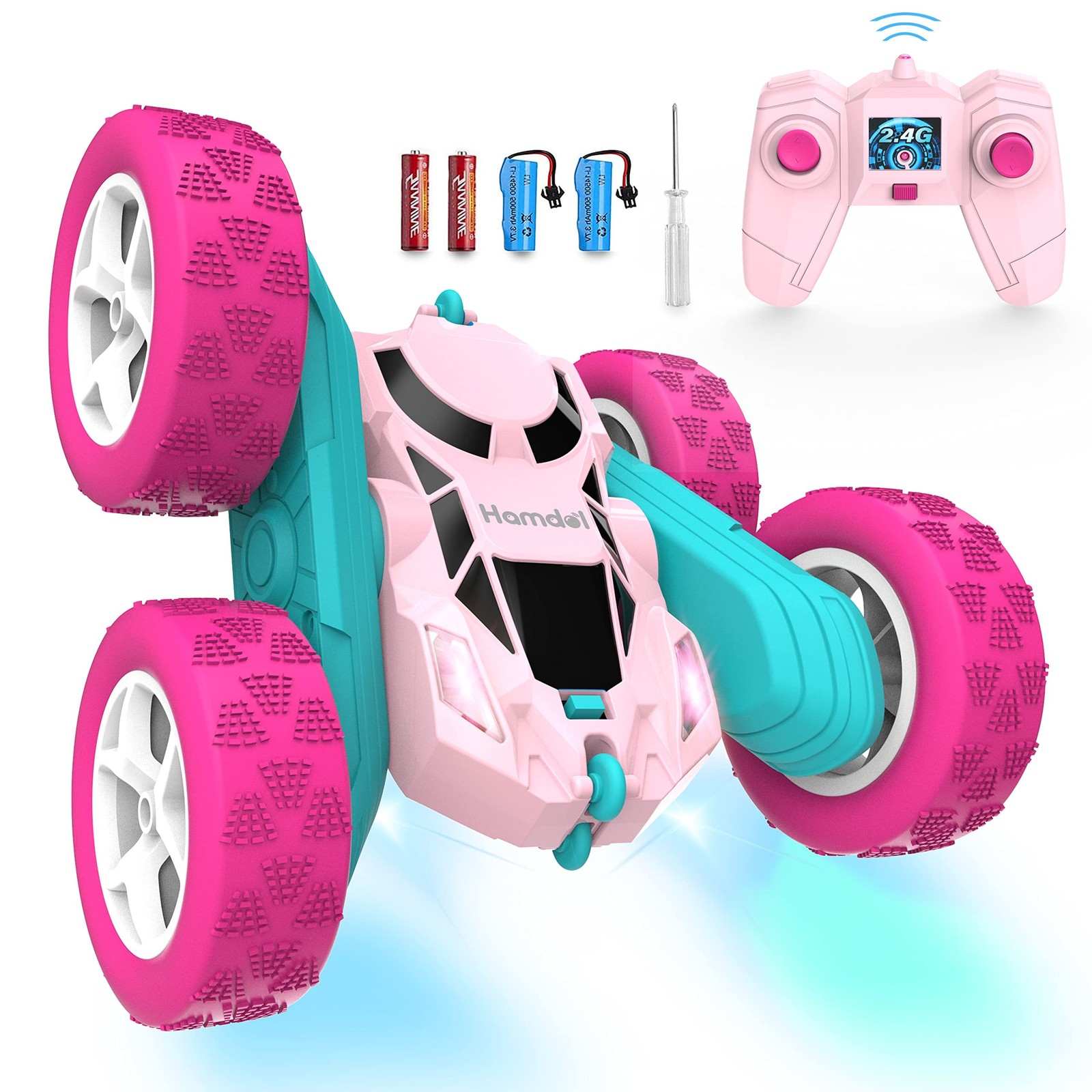 Hamdol Pink Remote Control Car for Girls, 360° Flipping Stunt Car with LED