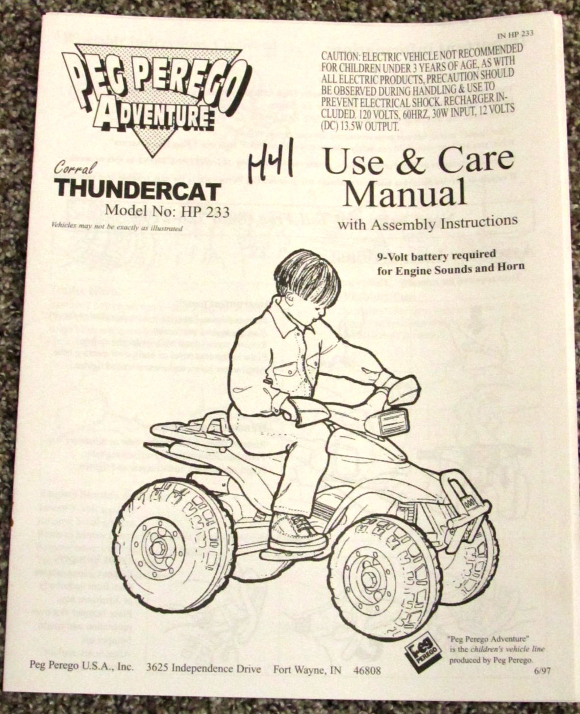 Peg Perego Adventure Thunder Cat HP233 Use & Care Owners Manual 6/97