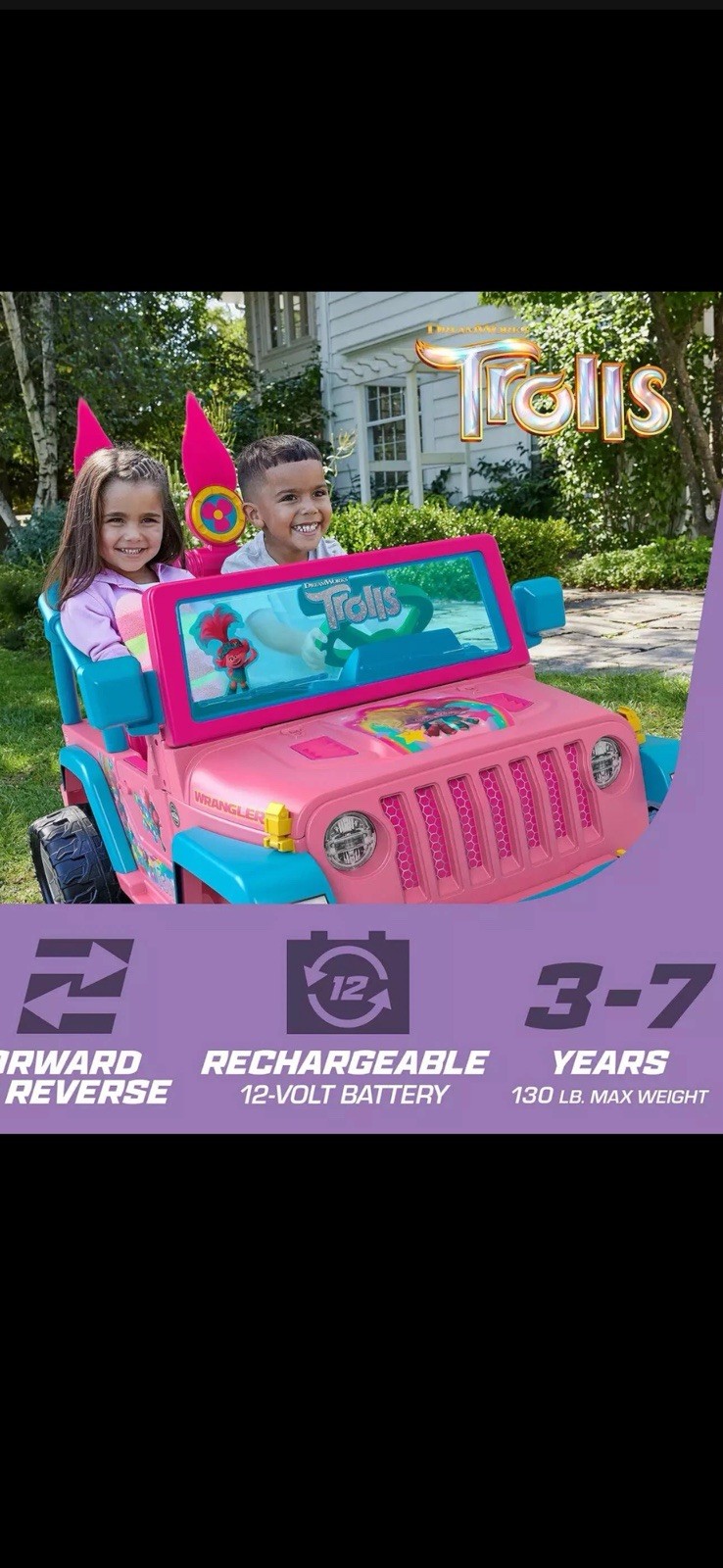 Power Wheels Trolls Band Jeep Wrangler 12V Battery-Powered Ride-On, Ages 3+